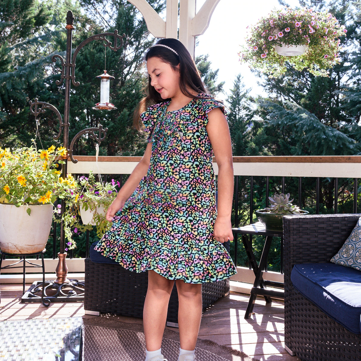 Neon Leopard Ruffle-Front Kids Dress with Pockets