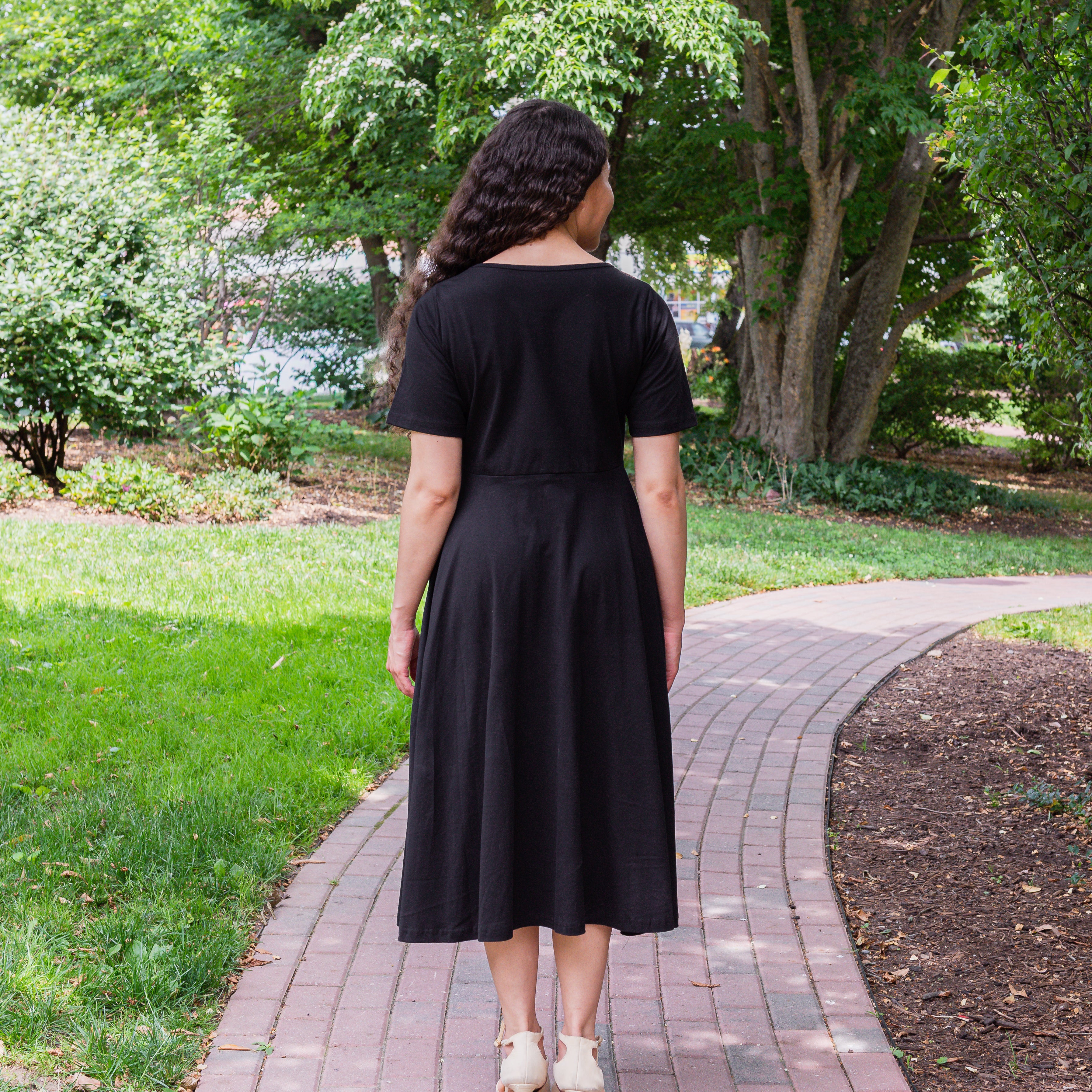 Onyx Black Petite Midi Twirl Dress with Pockets