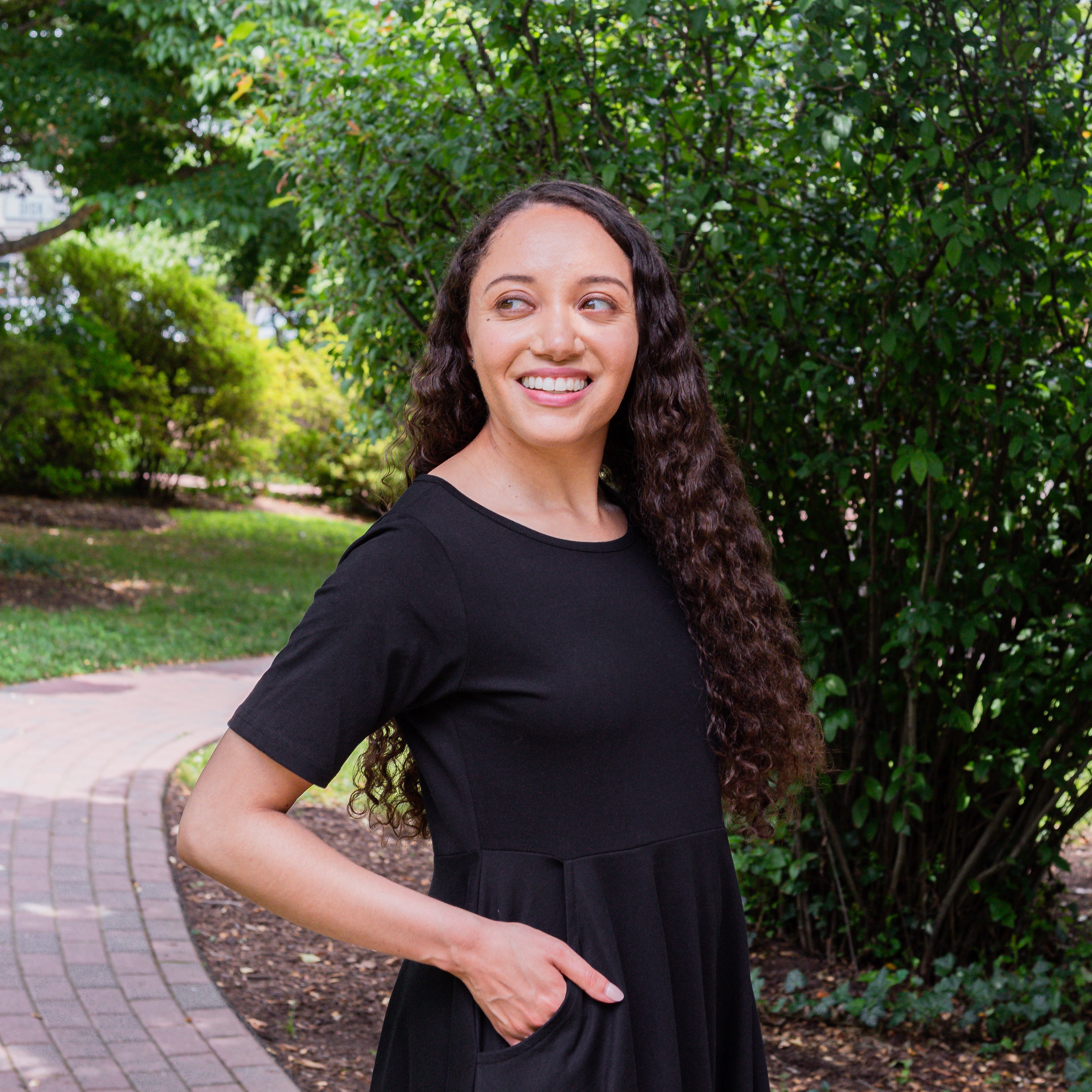 Onyx Black Petite Midi Twirl Dress with Pockets