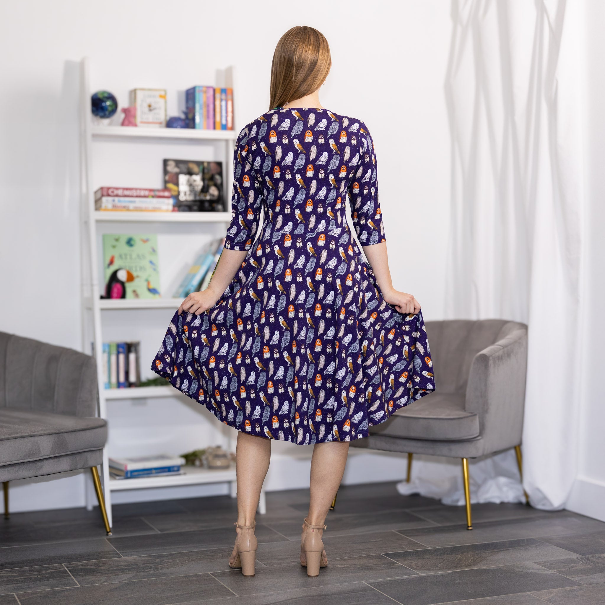 Owls 3/4th Sleeves Twirl Dress