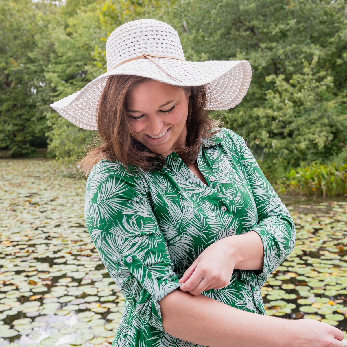 Palm Grove Button-Up Dress with Pockets