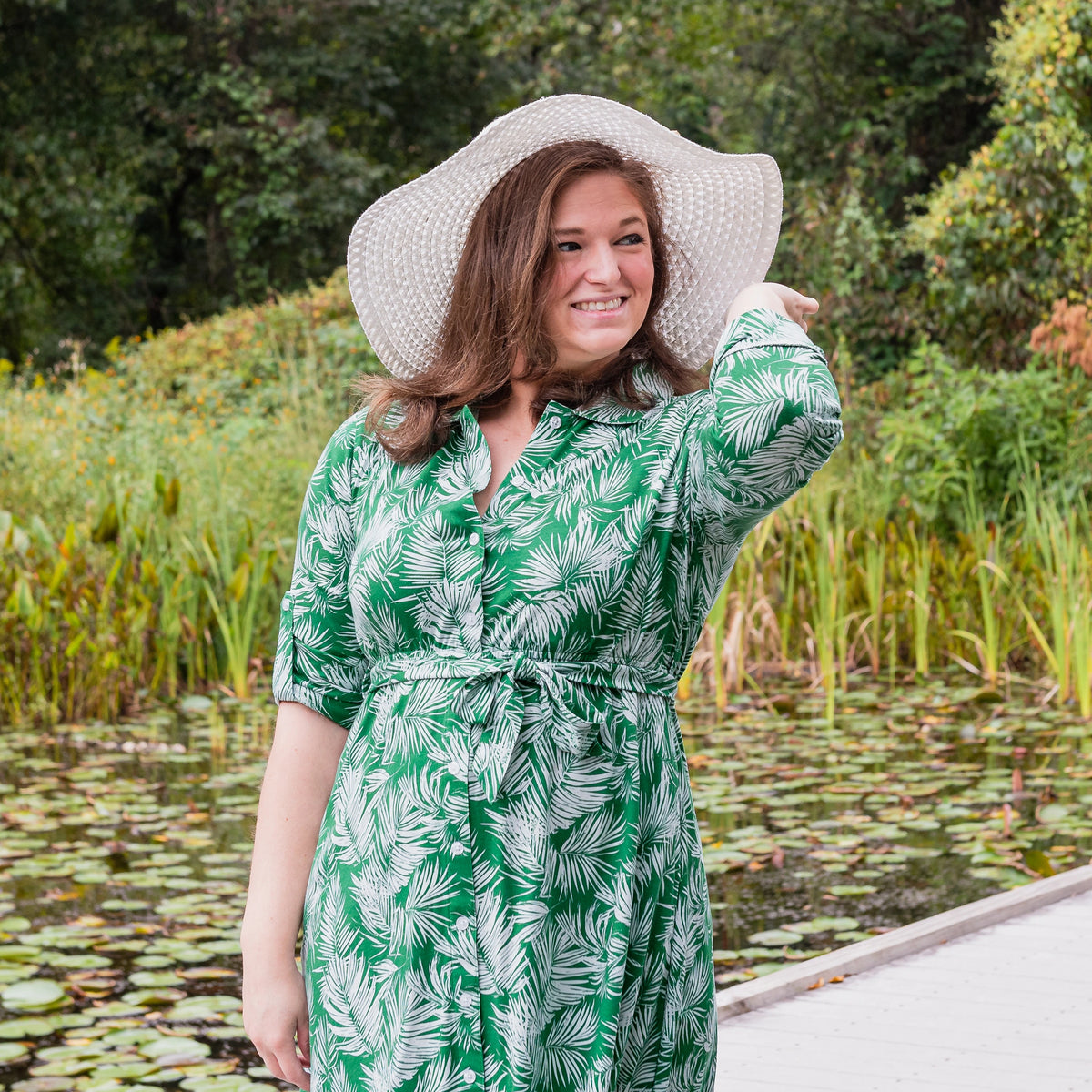 Palm Grove Button-Up Dress with Pockets