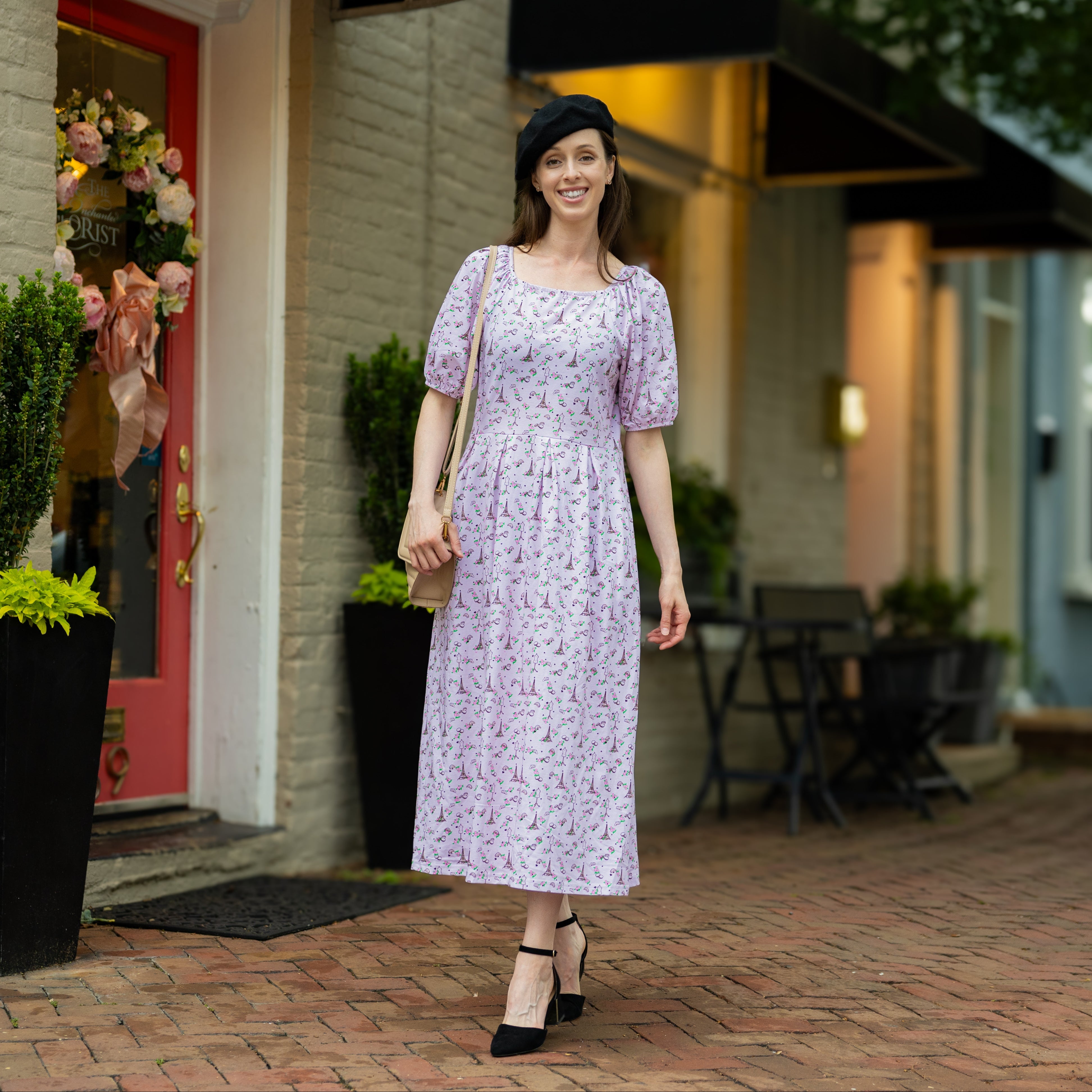 Paris Puff-Sleeves Midi Dress