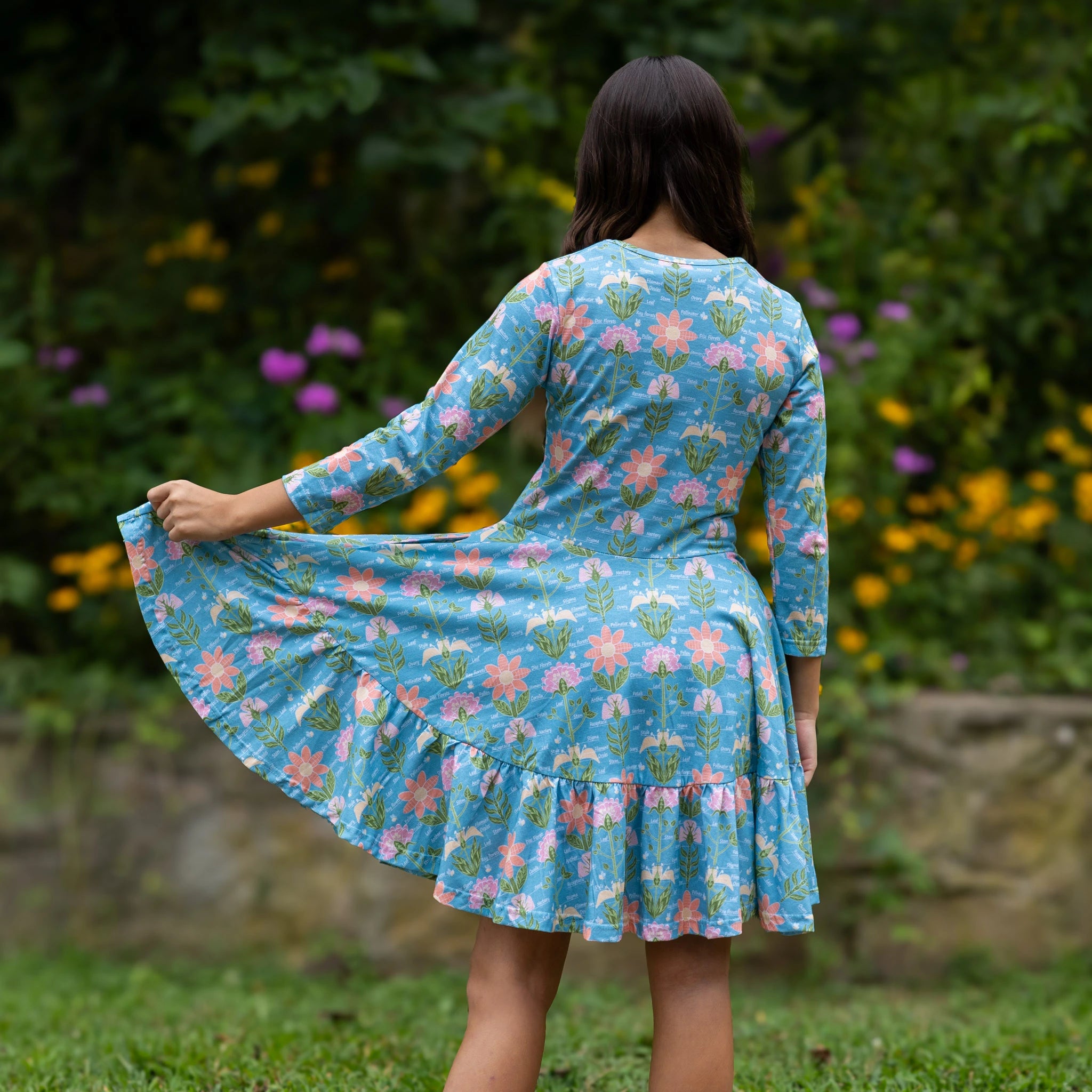 Parts Of A Flower 3/4th Sleeves Kids Twirl Dress with Frill