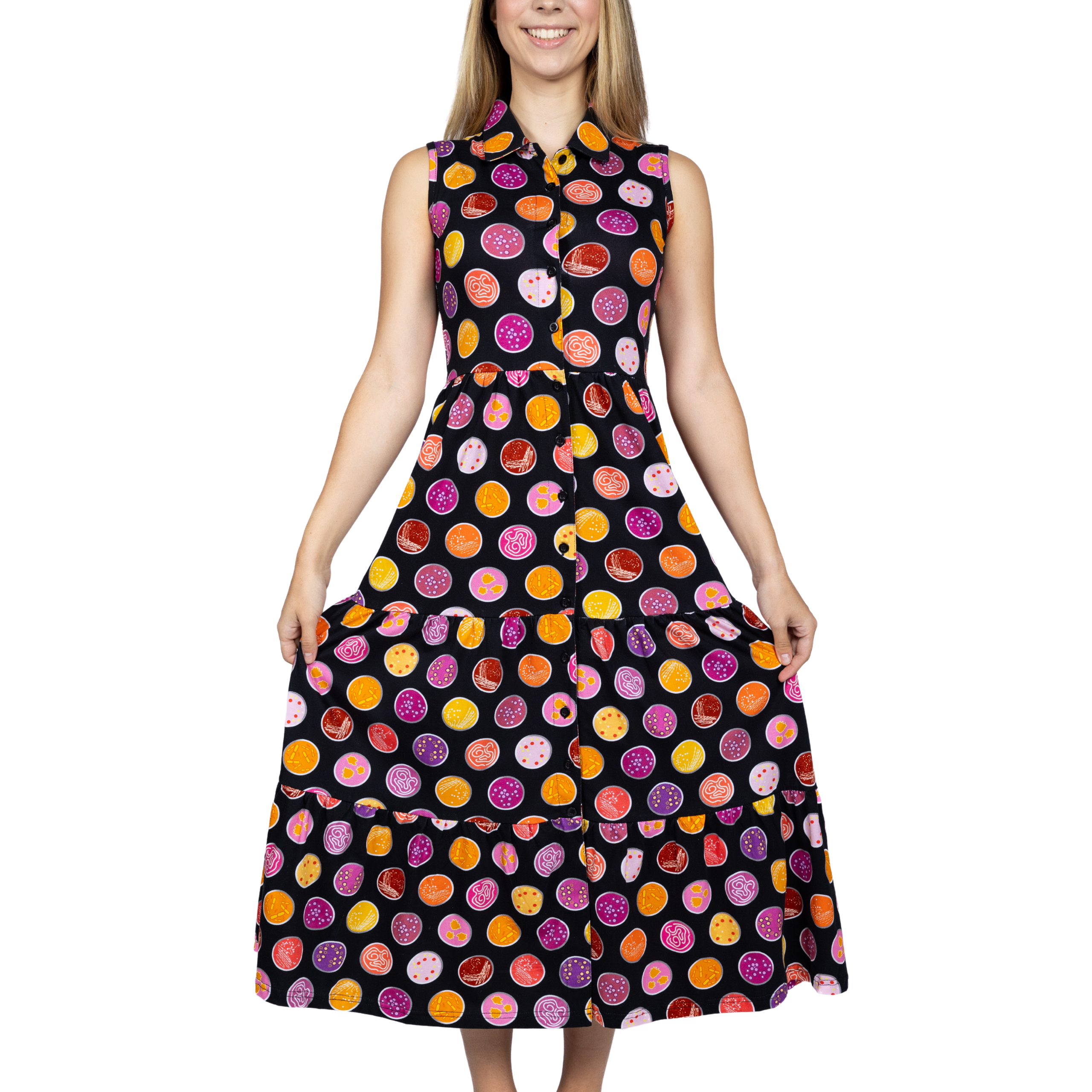 Petri Dish Button-Up Tiered Long Midi Dress (With Waist Seam)
