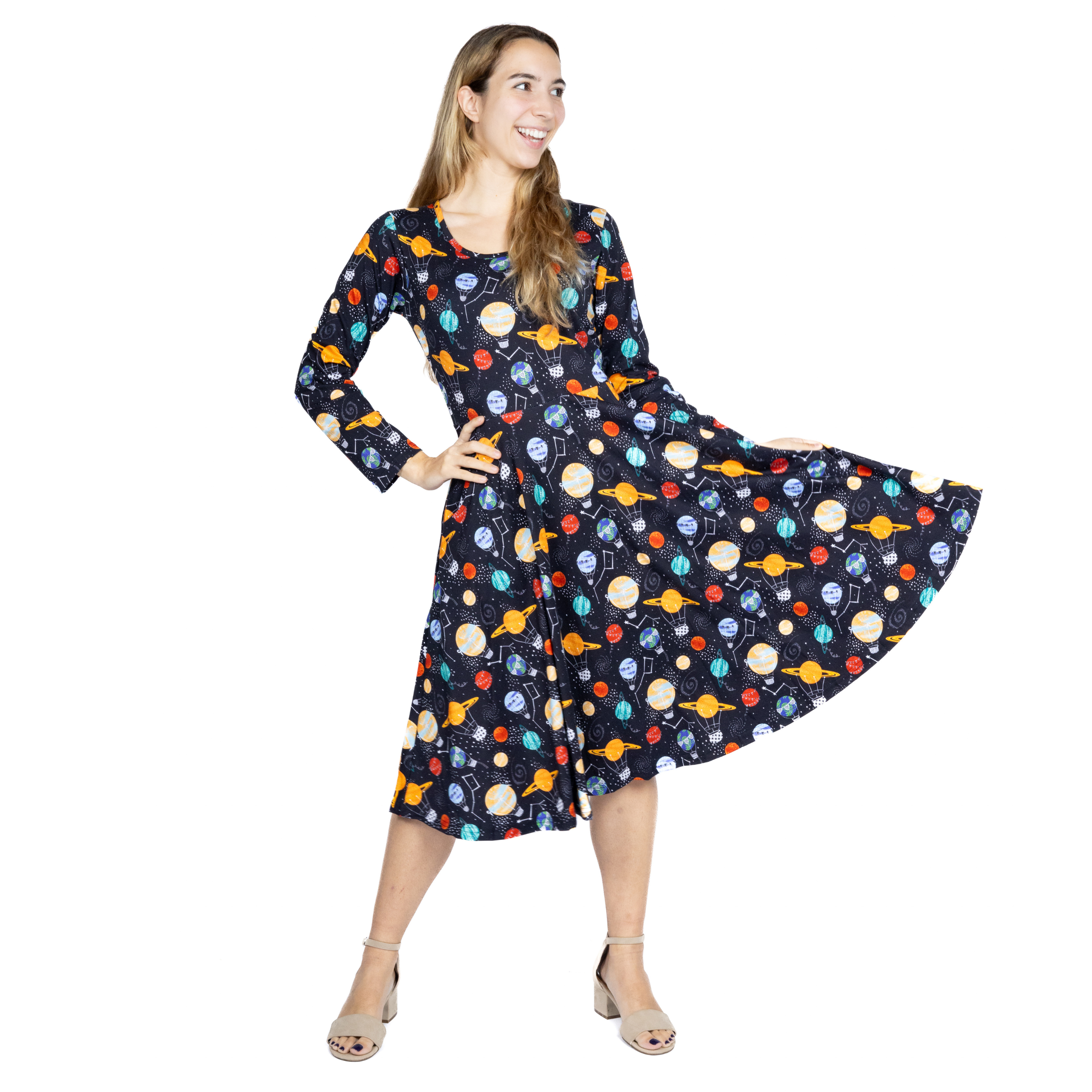Planet Balloons Long Sleeve Twirl Dress