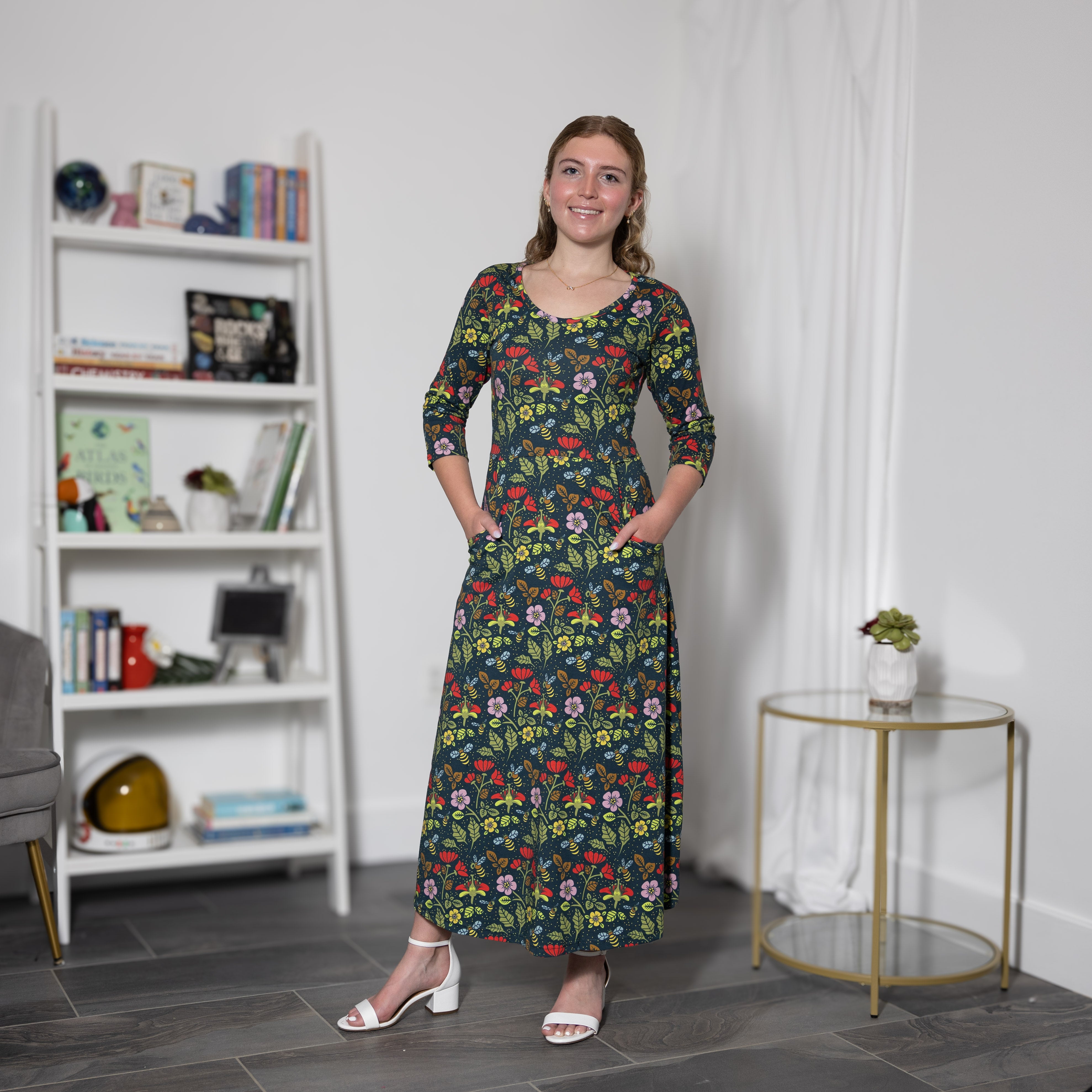 Pollinator 3/4th Sleeves Midi Dress (With Waist Seam)