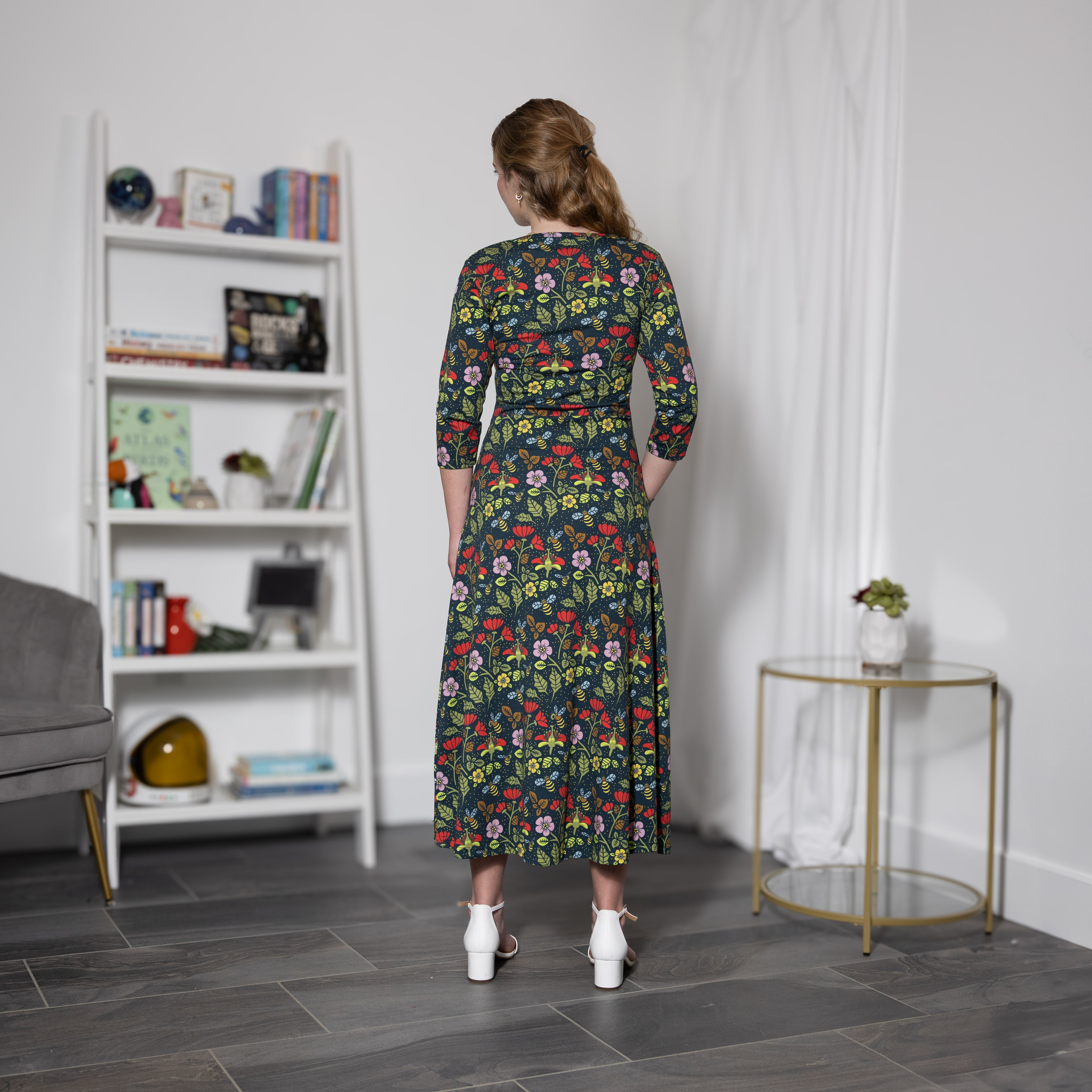 Pollinator 3/4th Sleeves Midi Dress (With Waist Seam)