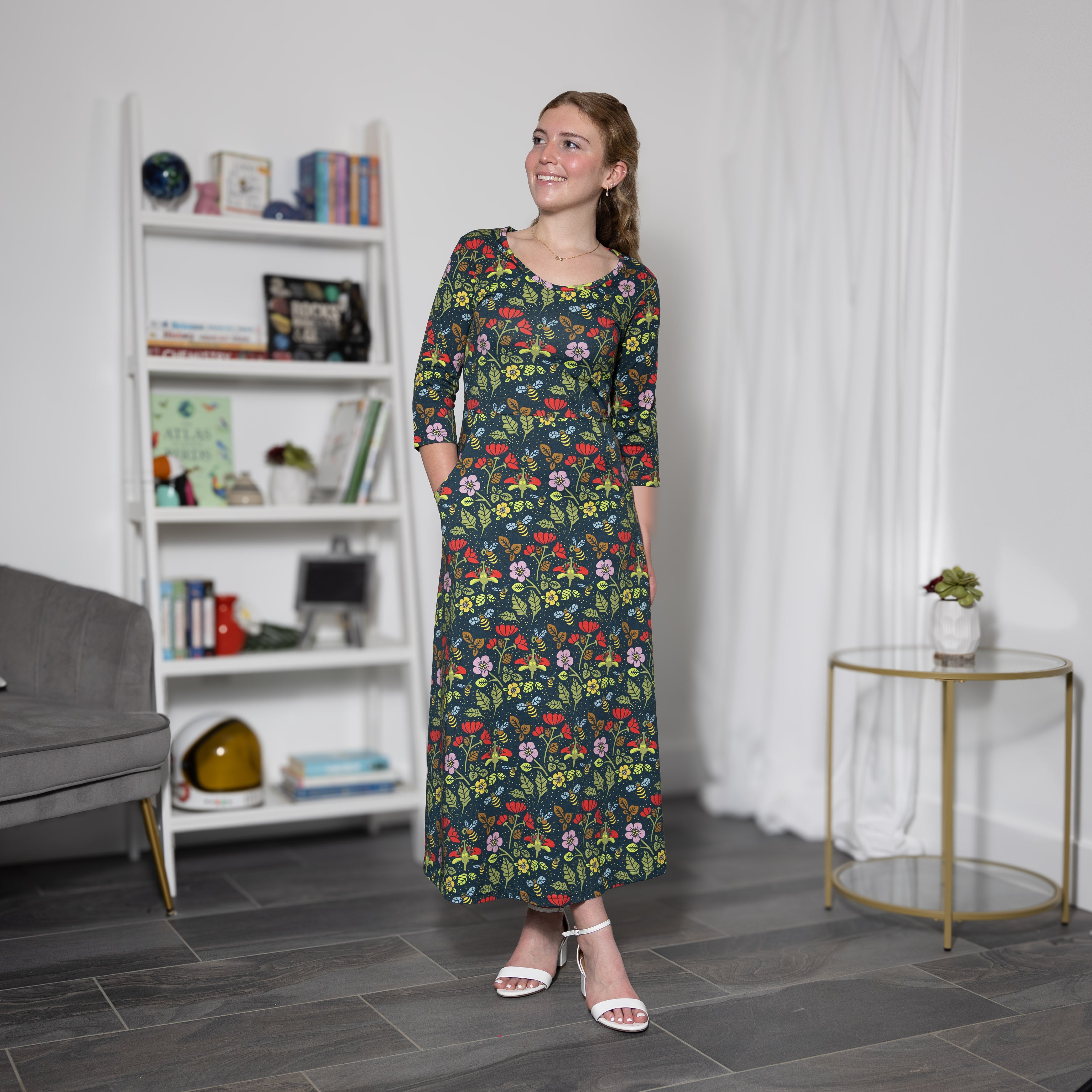 Pollinator 3/4th Sleeves Midi Dress (With Waist Seam)