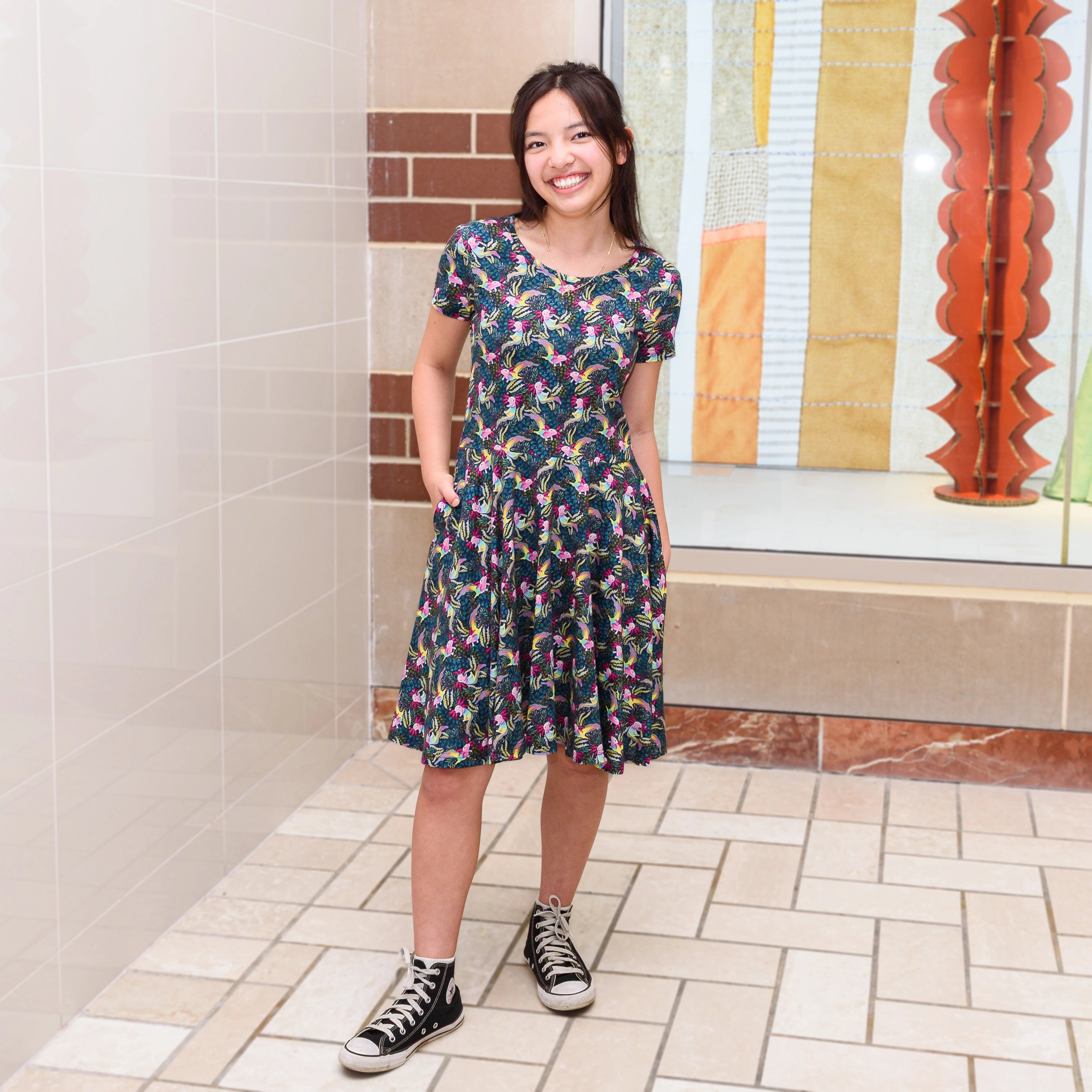 Rainbow Axolotl Kids Twirl Dress with Pockets