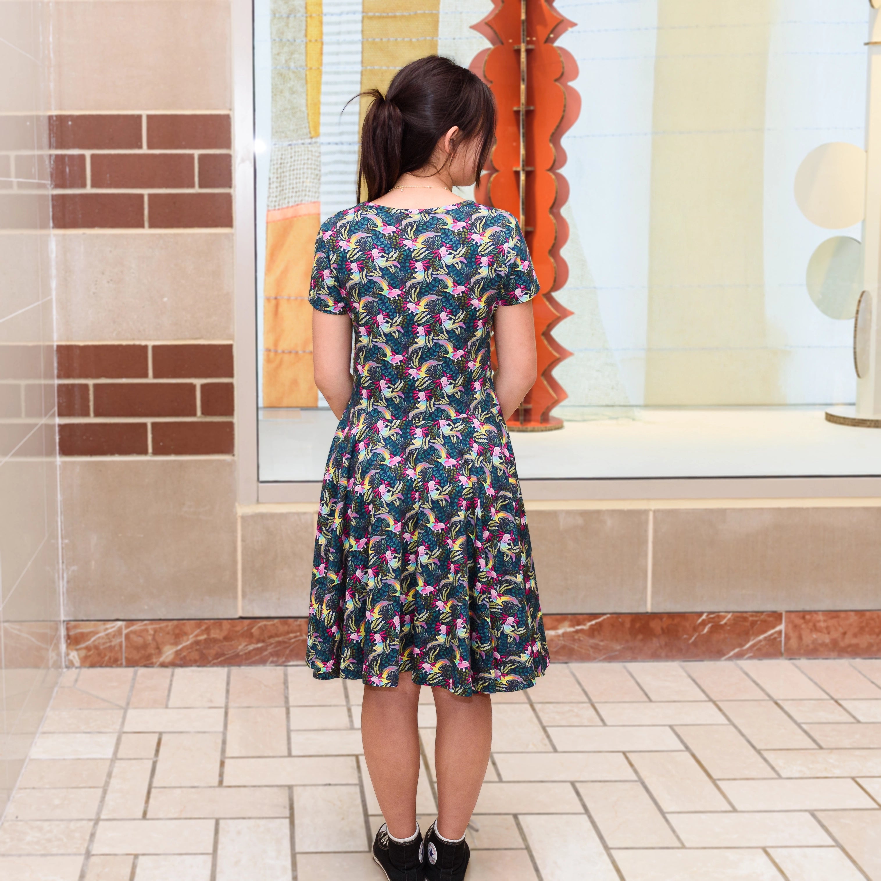 Rainbow Axolotl Kids Twirl Dress with Pockets