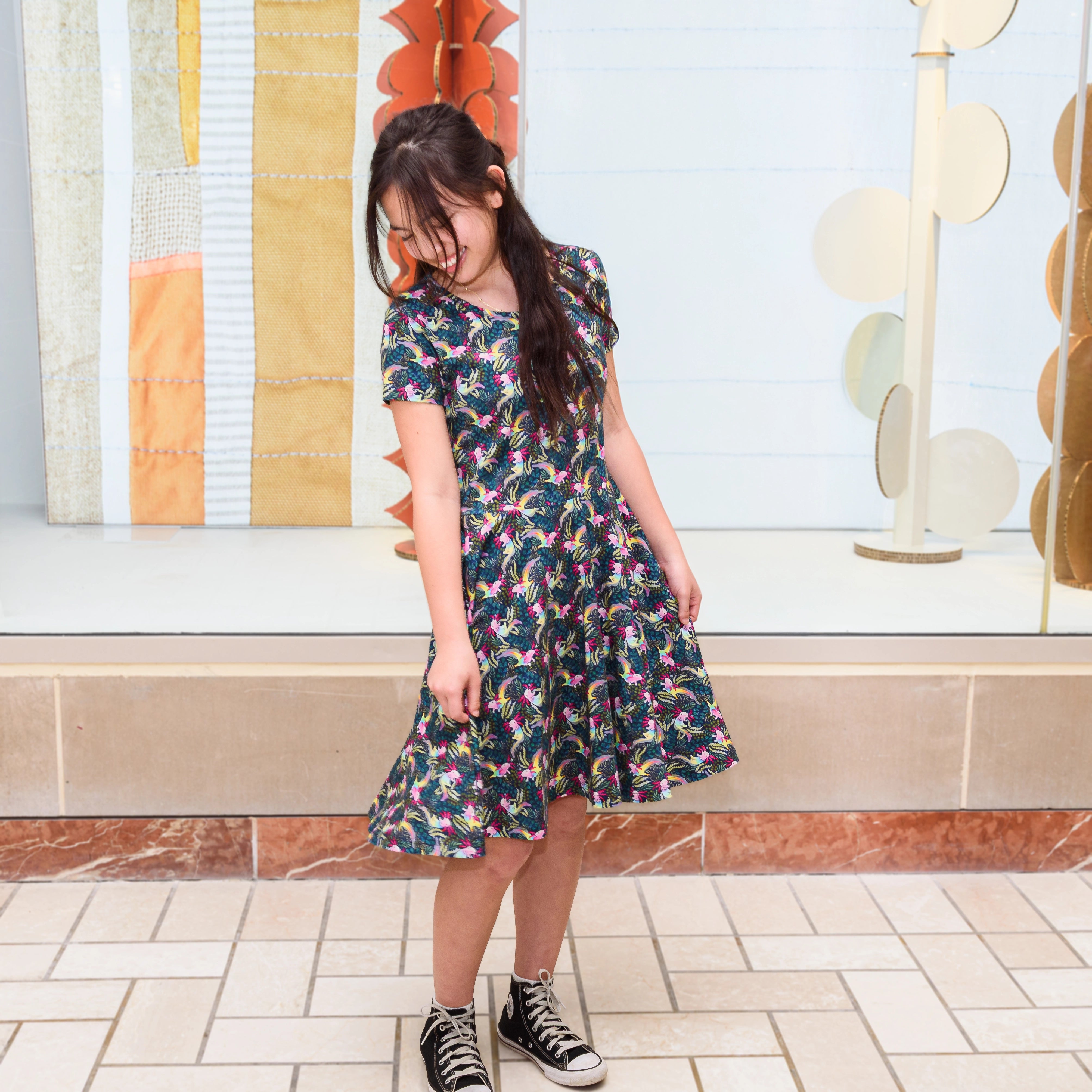 Rainbow Axolotl Kids Twirl Dress with Pockets