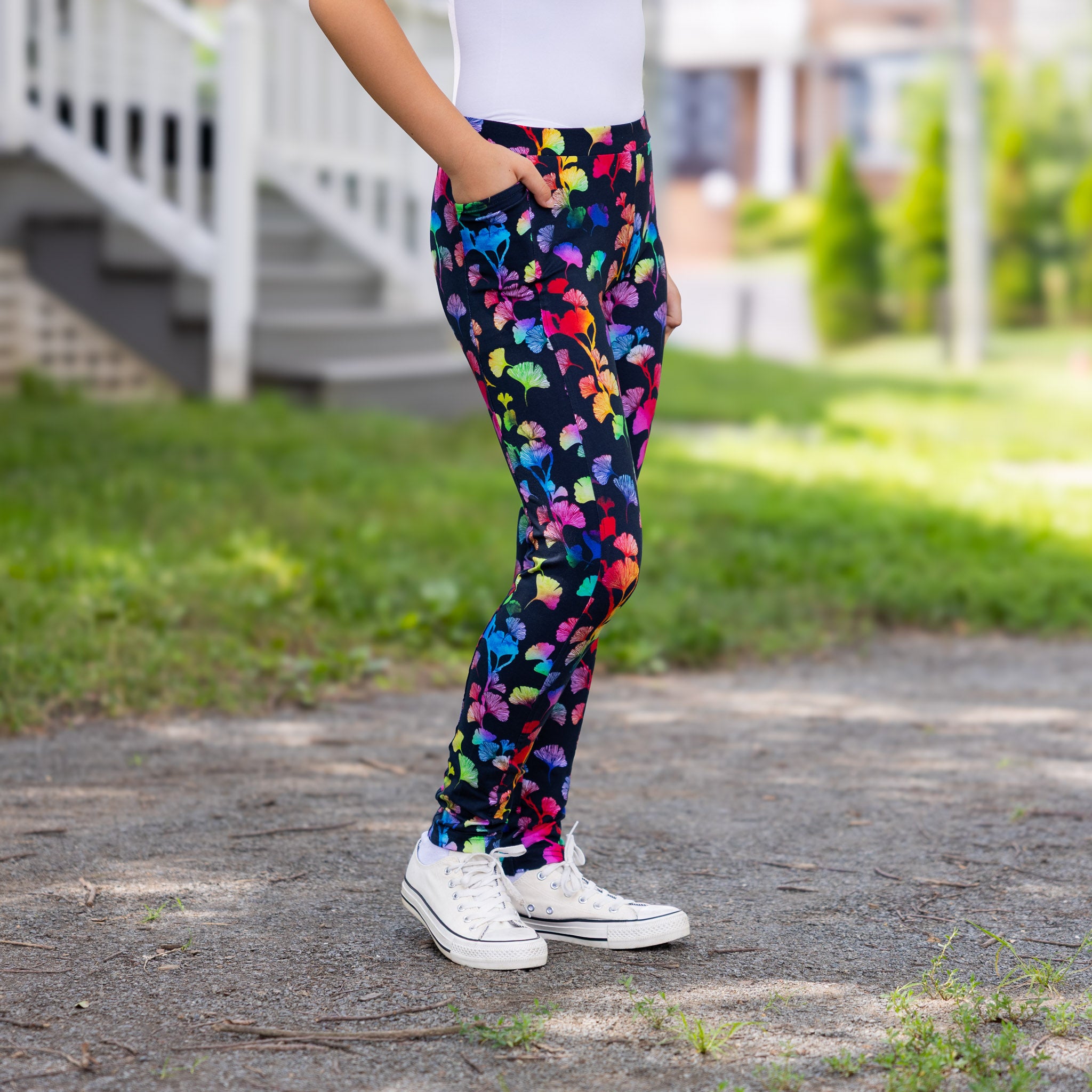 Rainbow Ginkgo Leaves Kids Leggings with Pockets