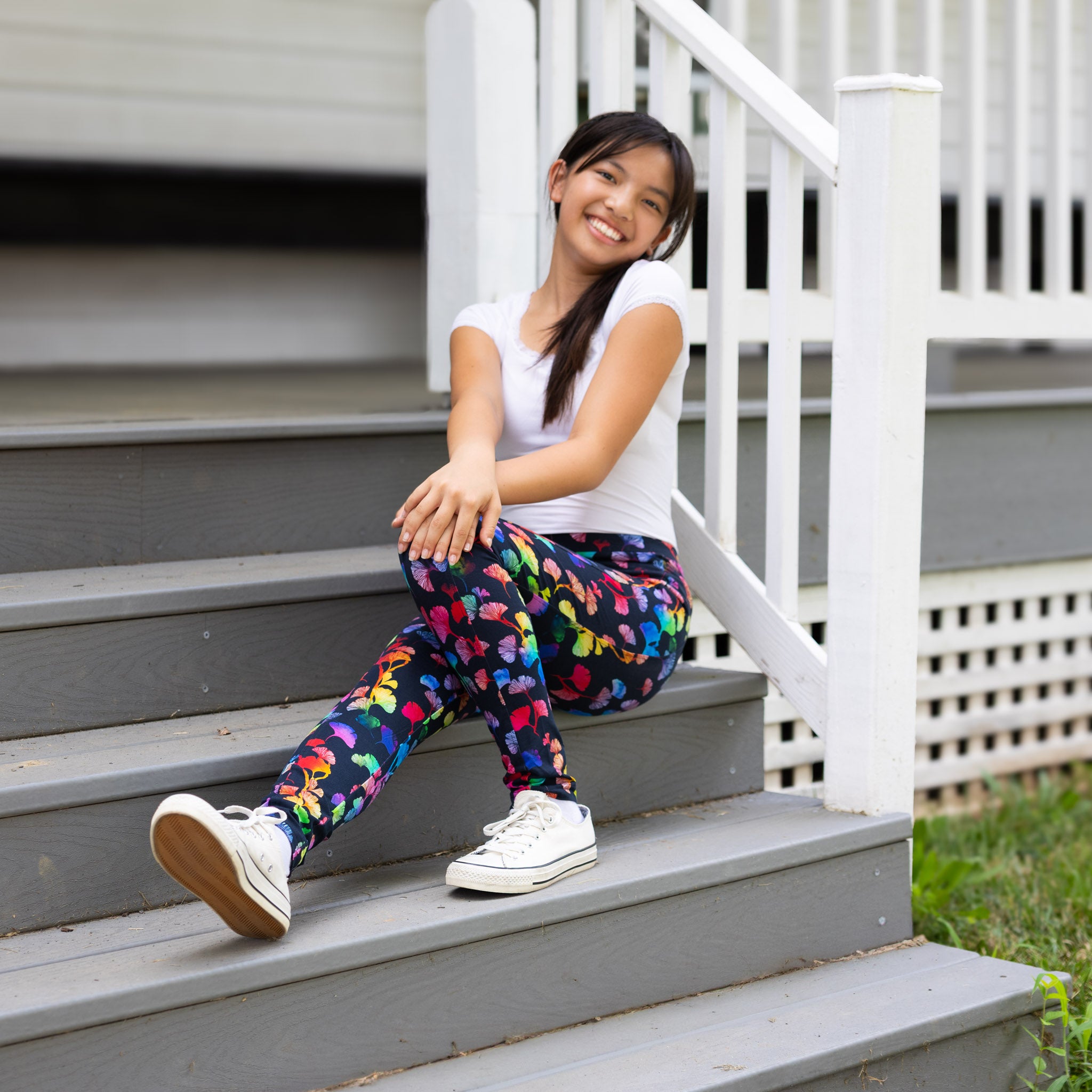 Rainbow Ginkgo Leaves Kids Leggings with Pockets