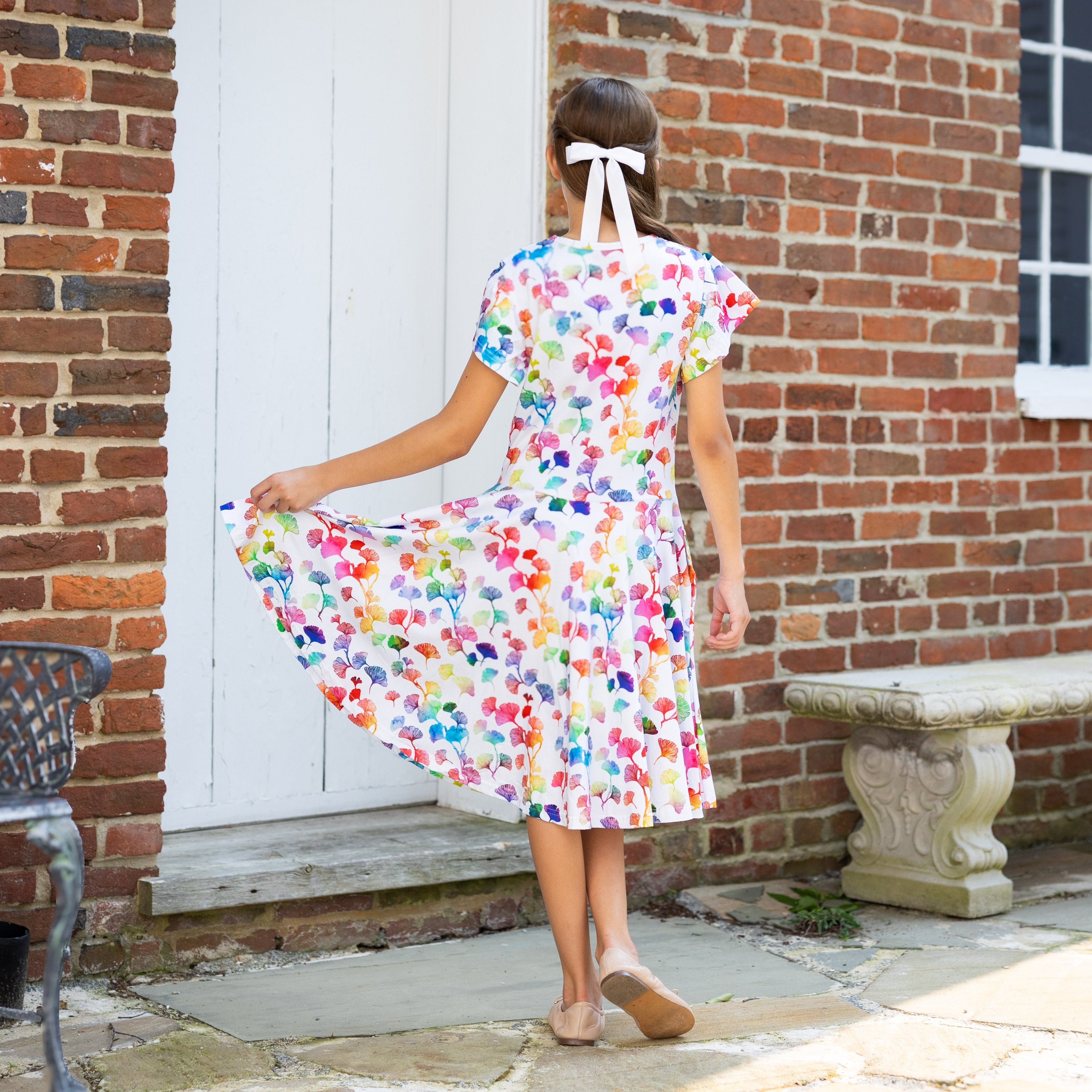 Rainbow Ginkgo Leaves Kids Twirl Dress