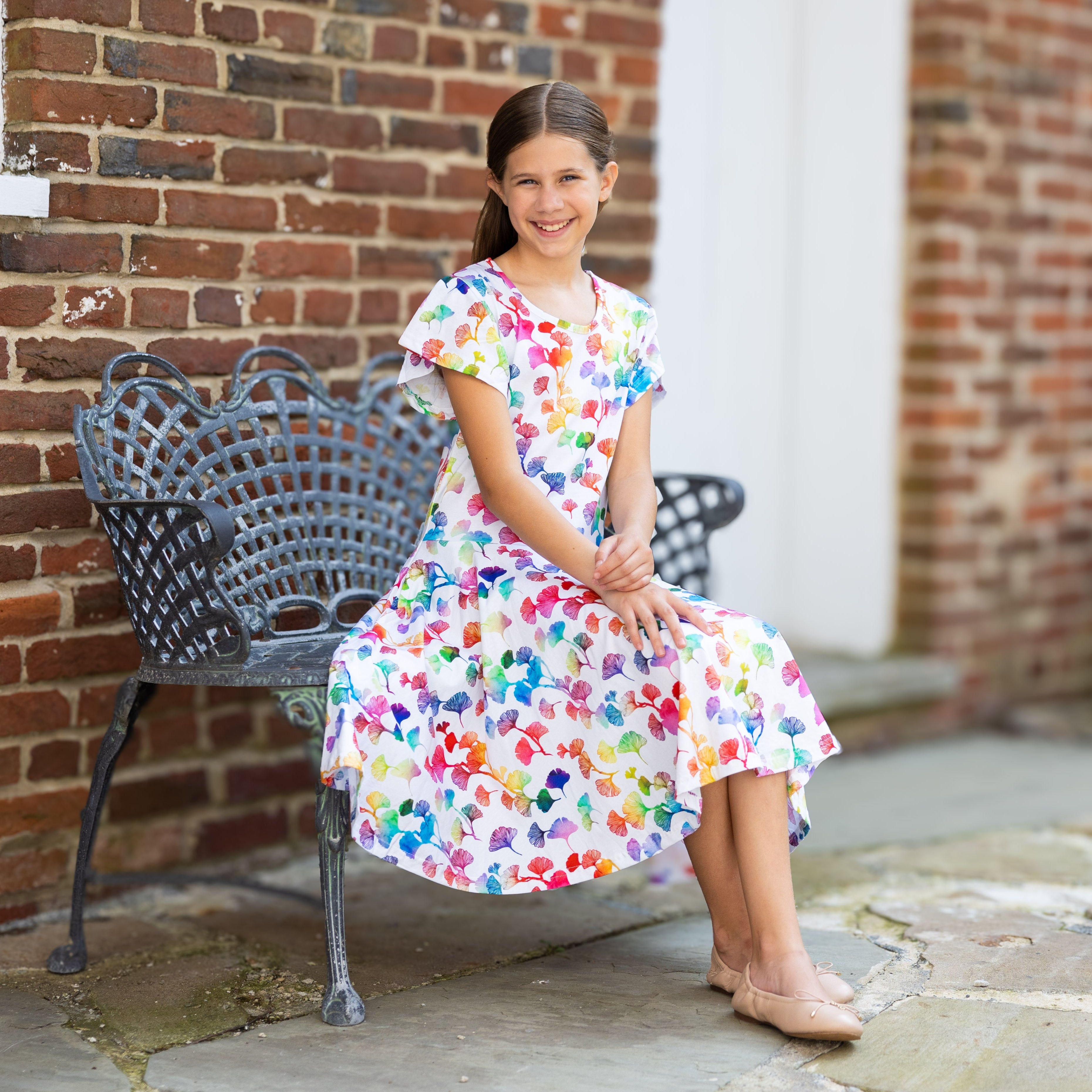 Rainbow Ginkgo Leaves Kids Twirl Dress