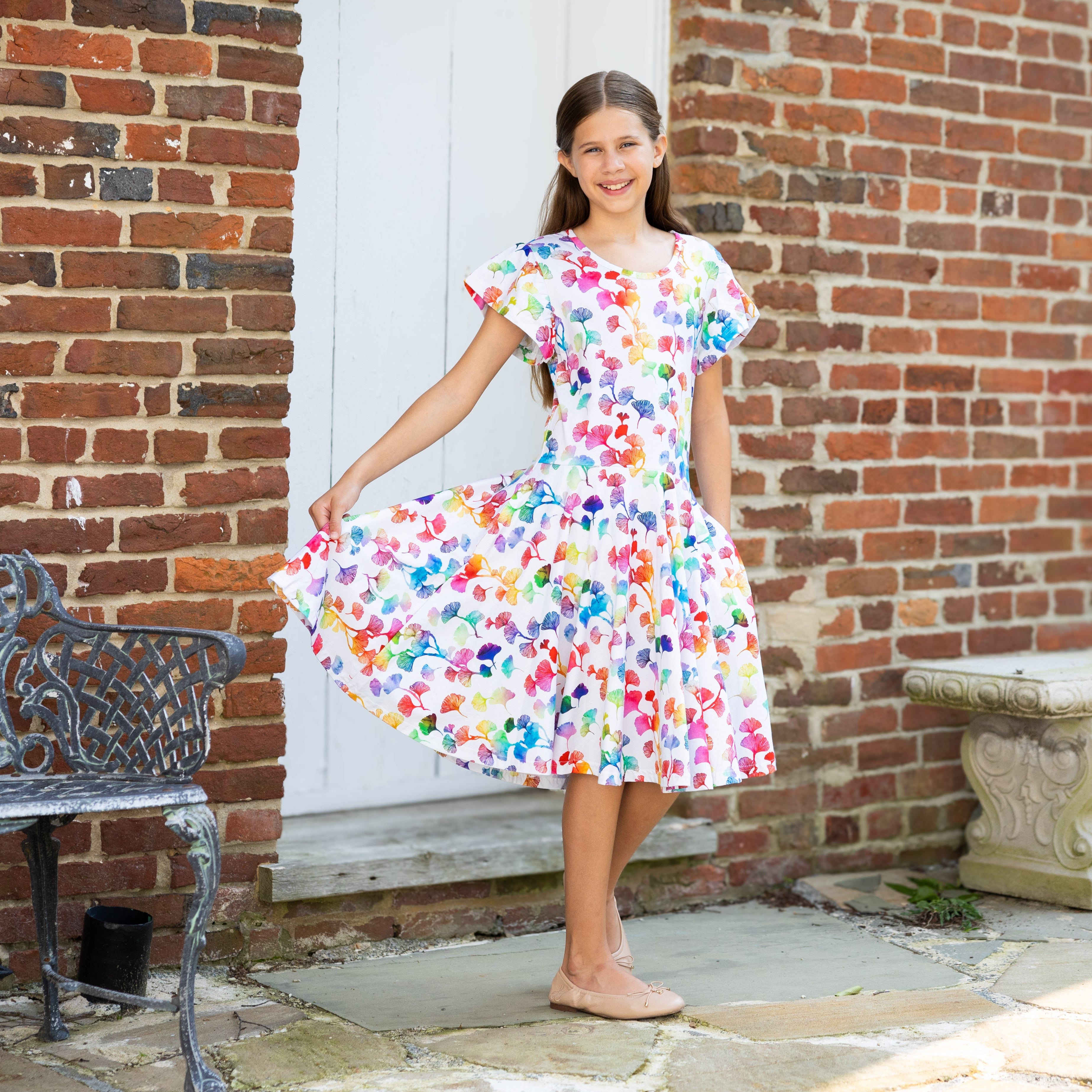 Rainbow Ginkgo Leaves Kids Twirl Dress