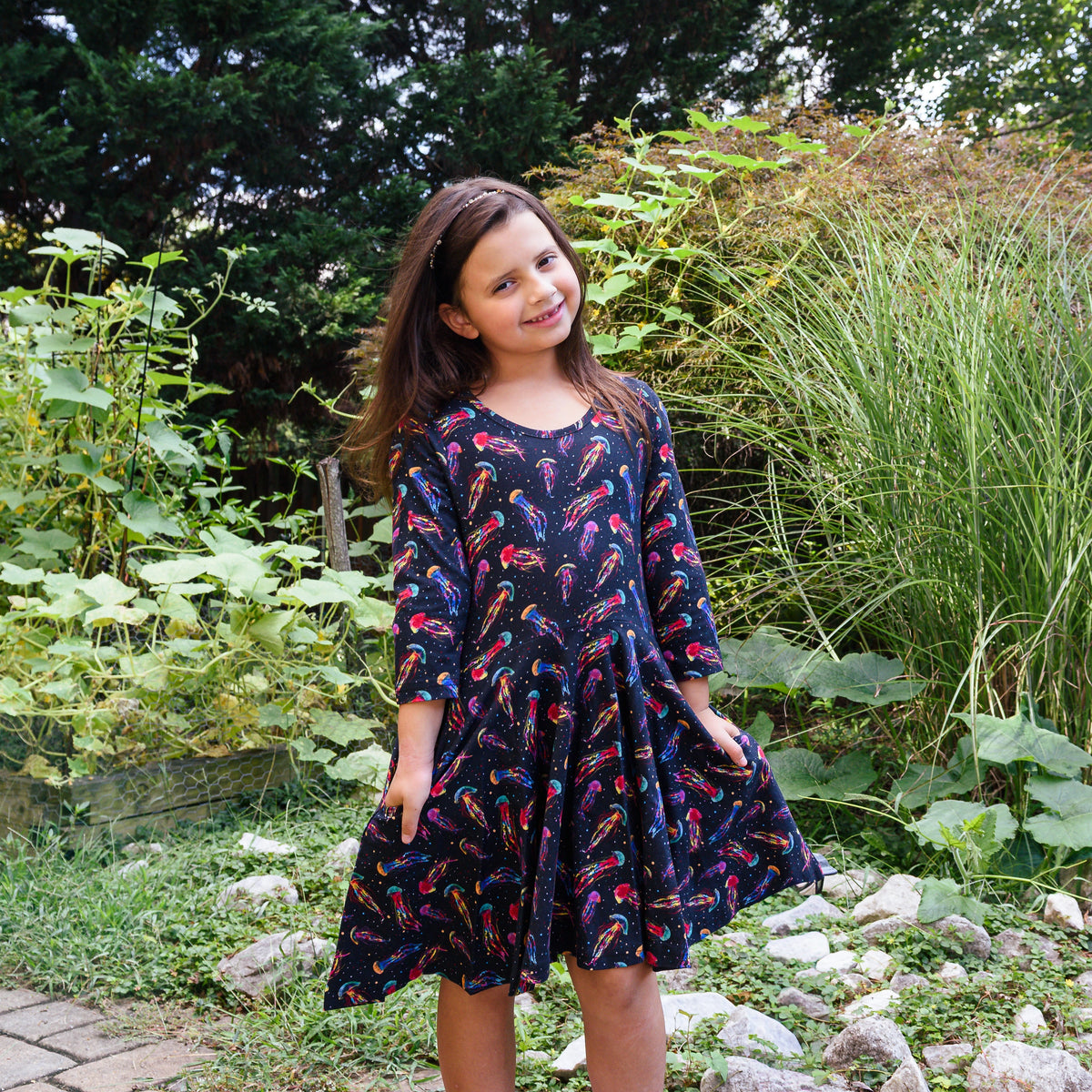 Rainbow Jellyfish Kids Twirl Dress with Pockets