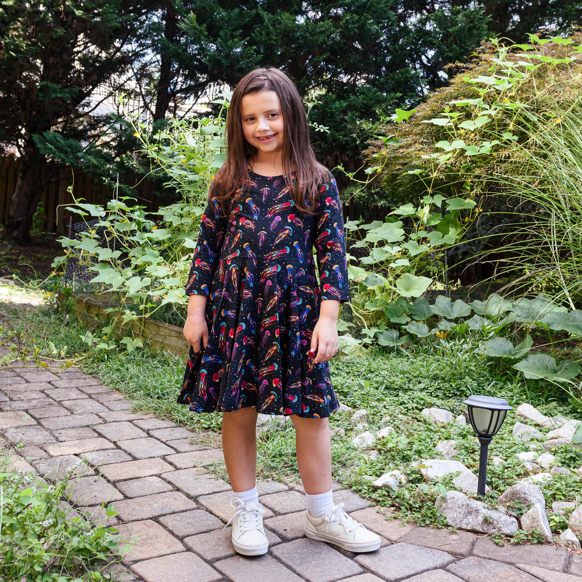 Rainbow Jellyfish Kids Twirl Dress with Pockets