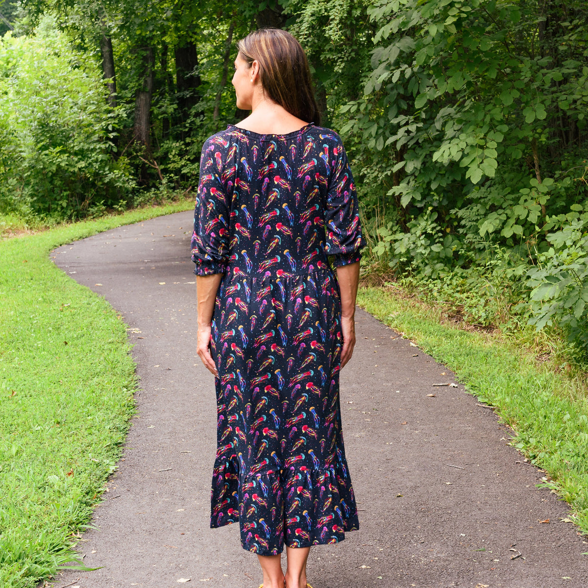 Rainbow Jellyfish Frill Midi Dress with Pockets