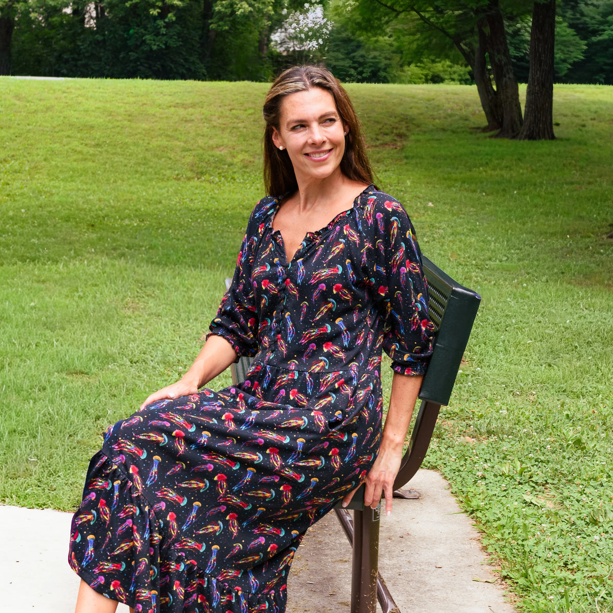 Rainbow Jellyfish Frill Midi Dress with Pockets