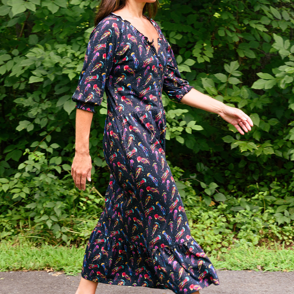 Rainbow Jellyfish Frill Midi Dress with Pockets