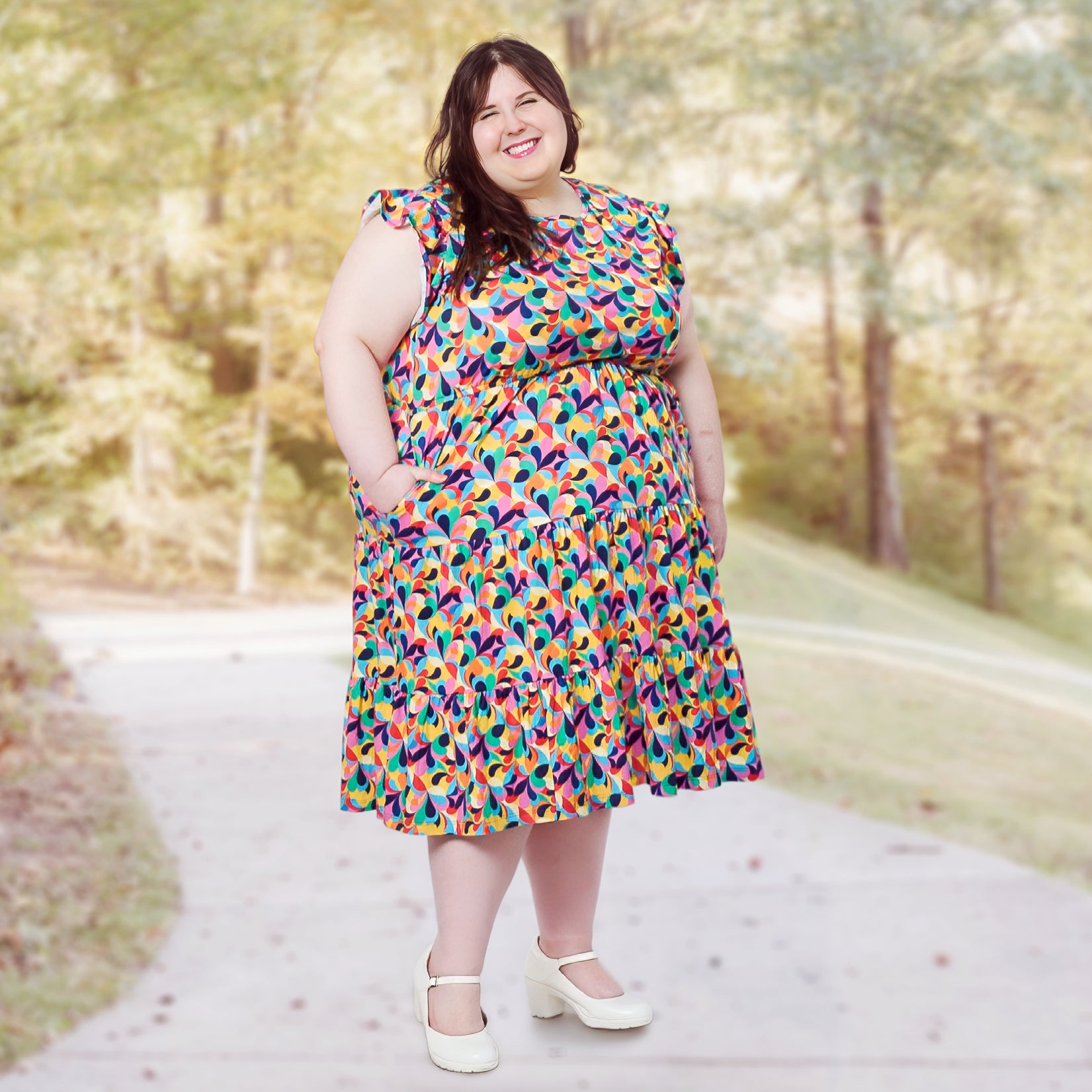 Retro Swirls Frill Dress with Pockets