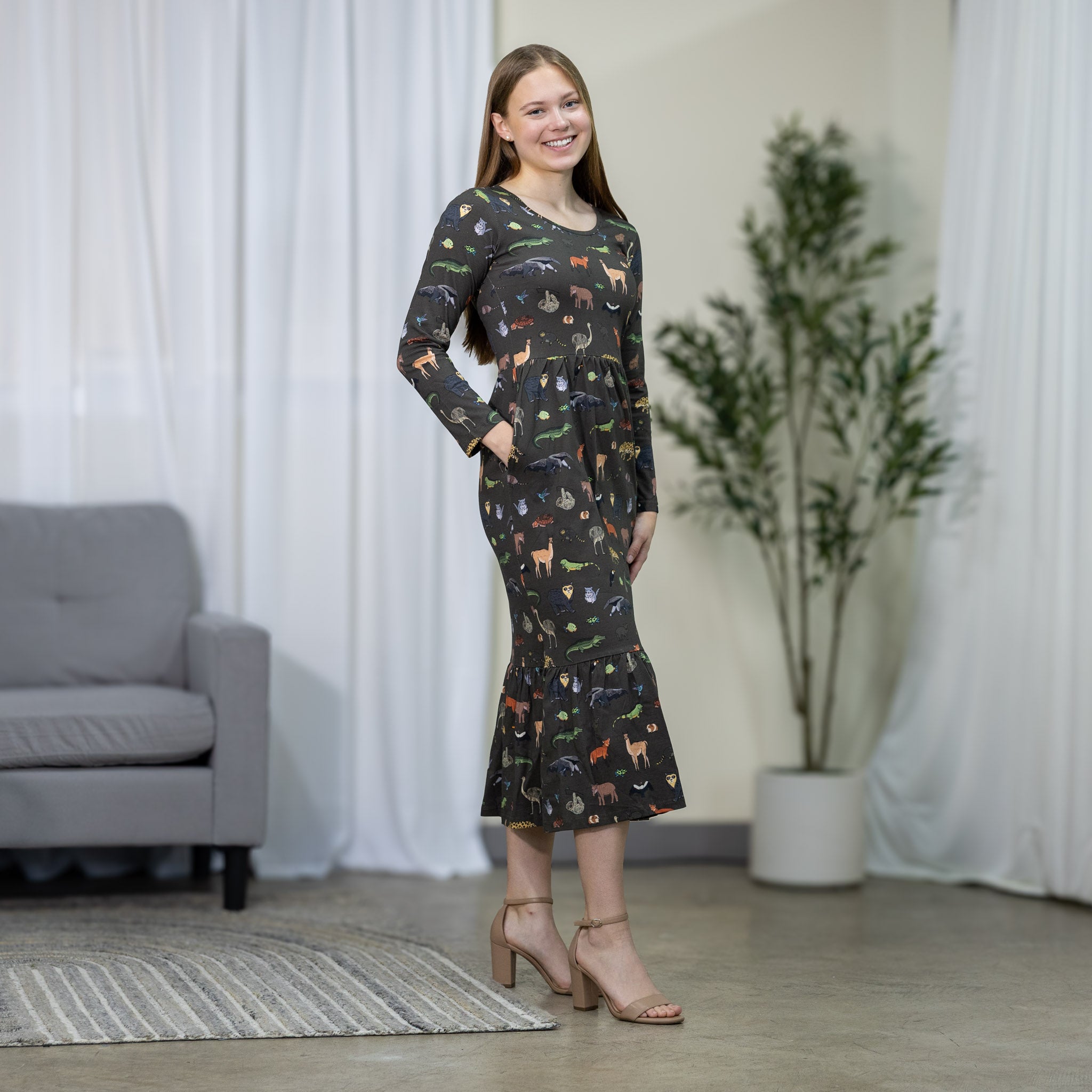 Safari Long Sleeves Midi Dress (With Waist Seam)