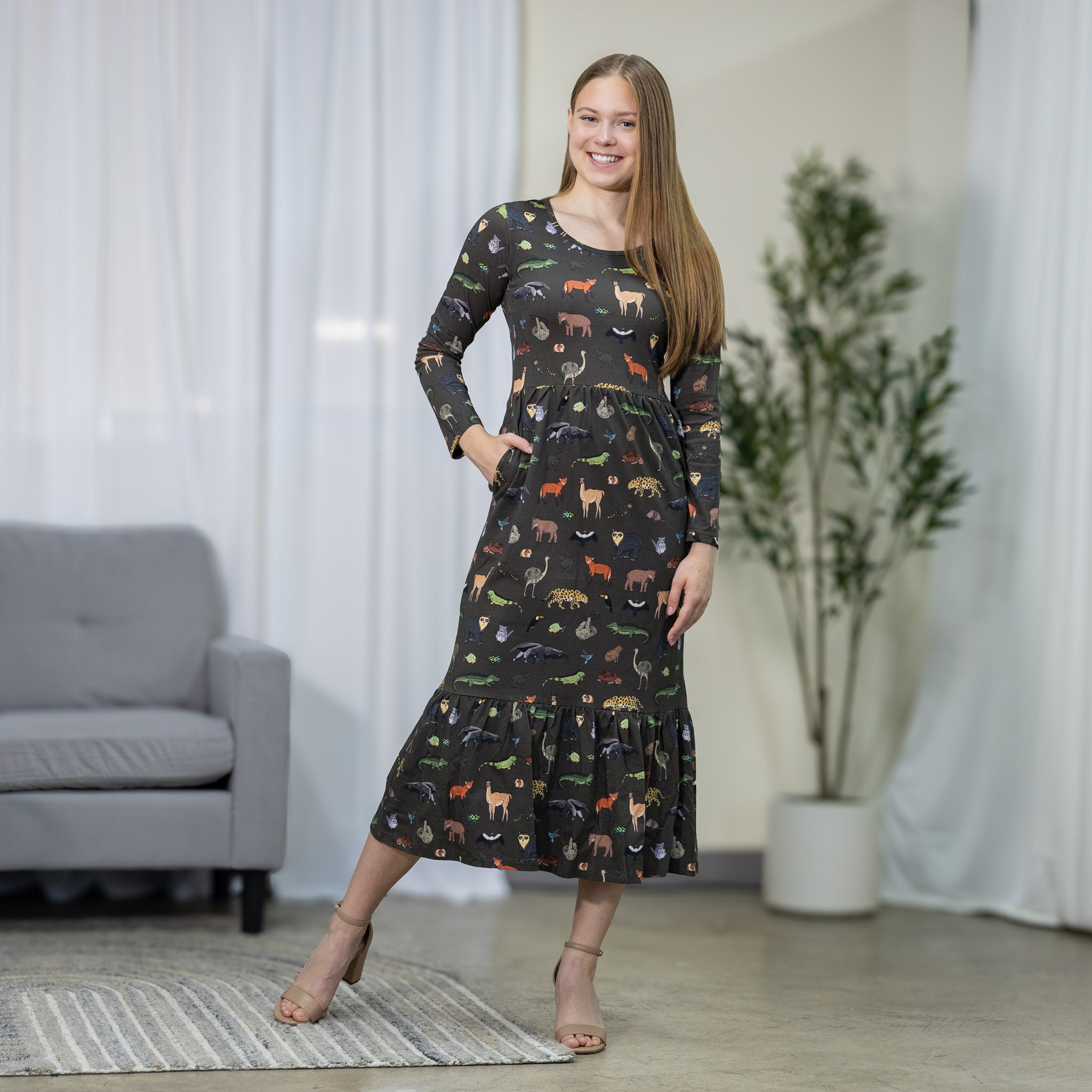 Safari Long Sleeves Midi Dress (With Waist Seam)