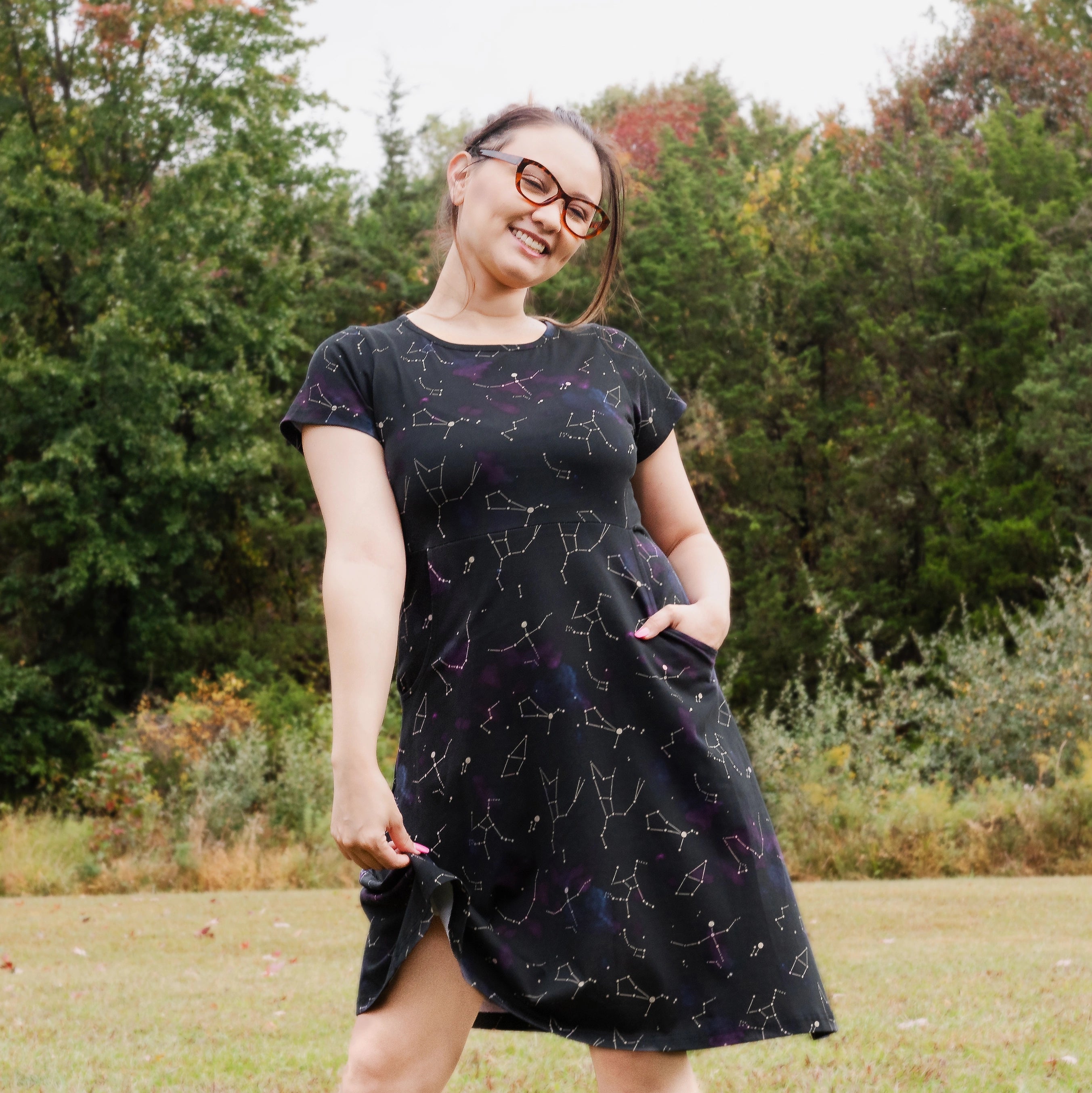 Stardust Symphony Glow-in-the-Dark Petite A-Line Dress (With Waist Seam)