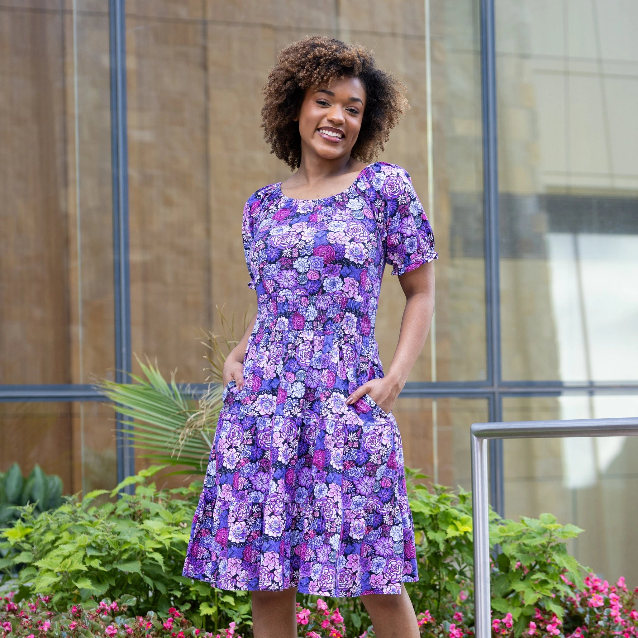 Succulents Elastic Square-Neck Dress