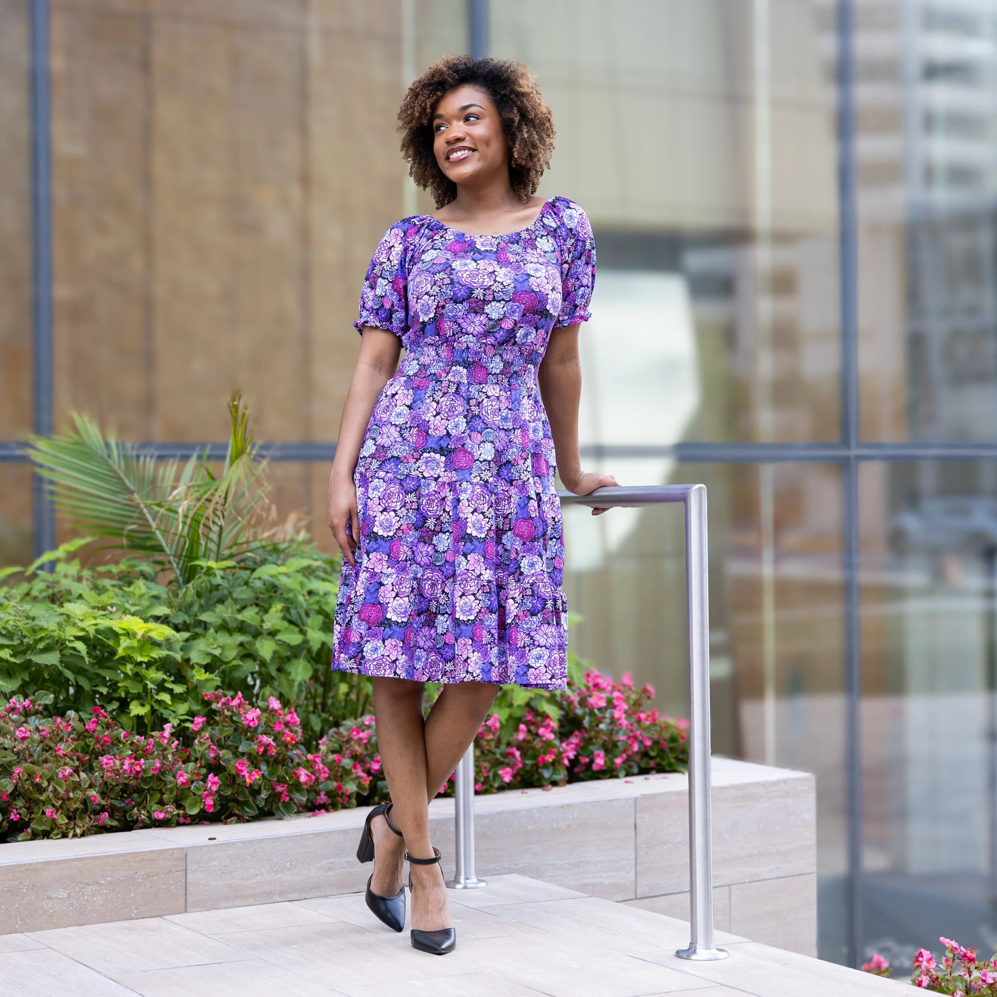 Succulents Elastic Square-Neck Dress