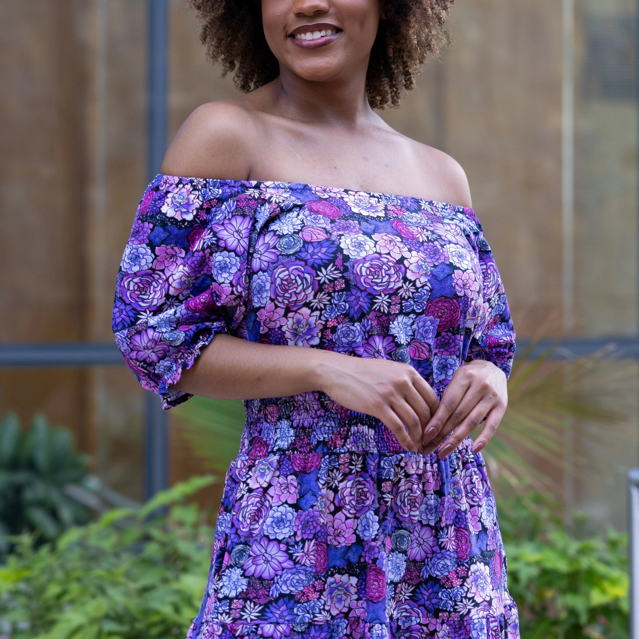 Succulents Elastic Square-Neck Dress