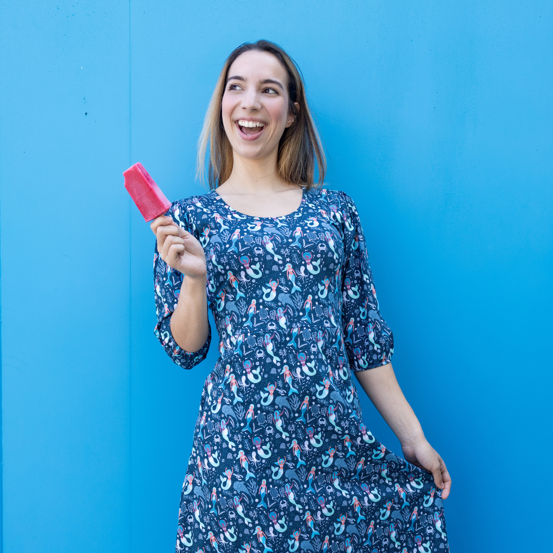 Mermaids Elastic Puff-Sleeves Midi Dress with Pockets