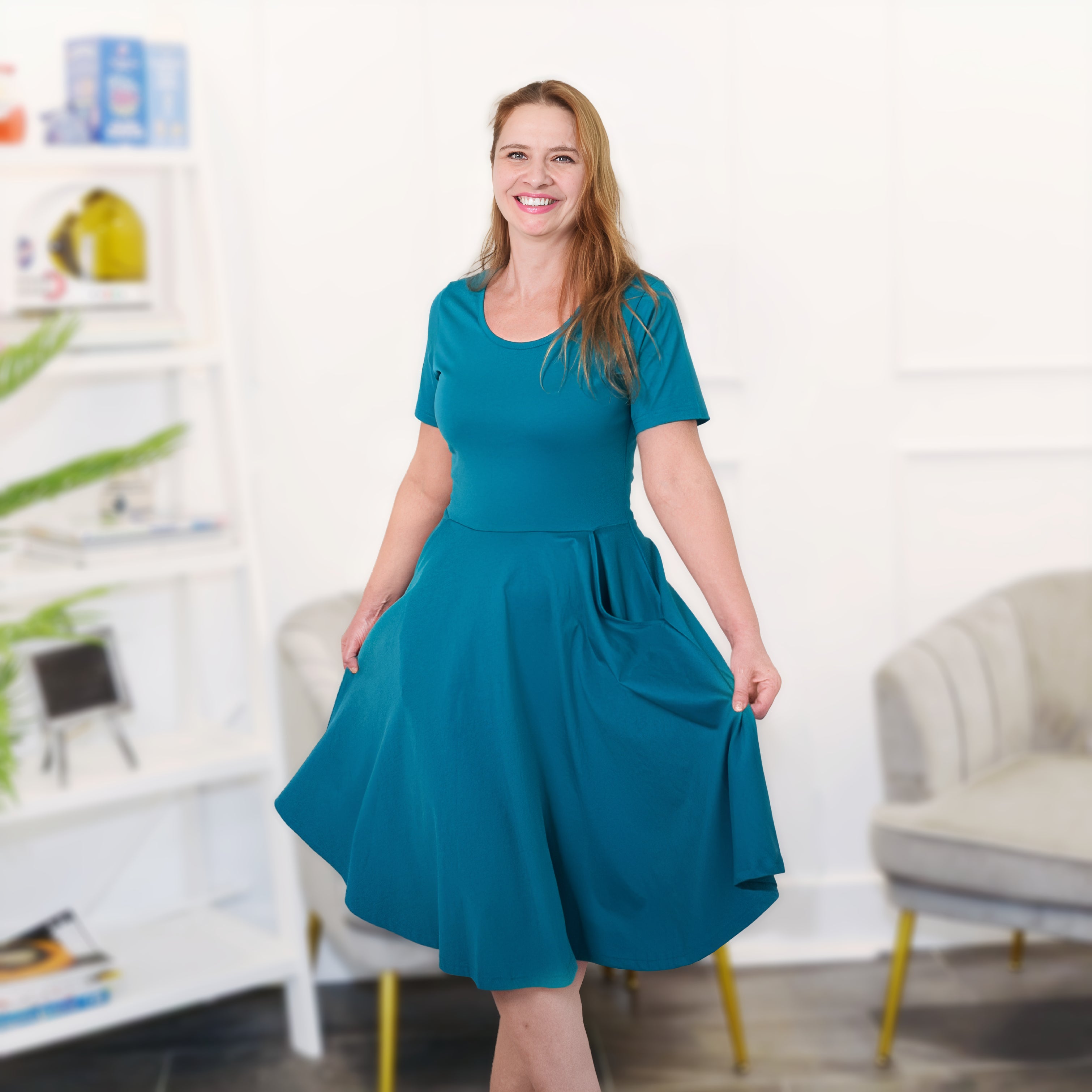 Teal Twirl Dress with Pockets