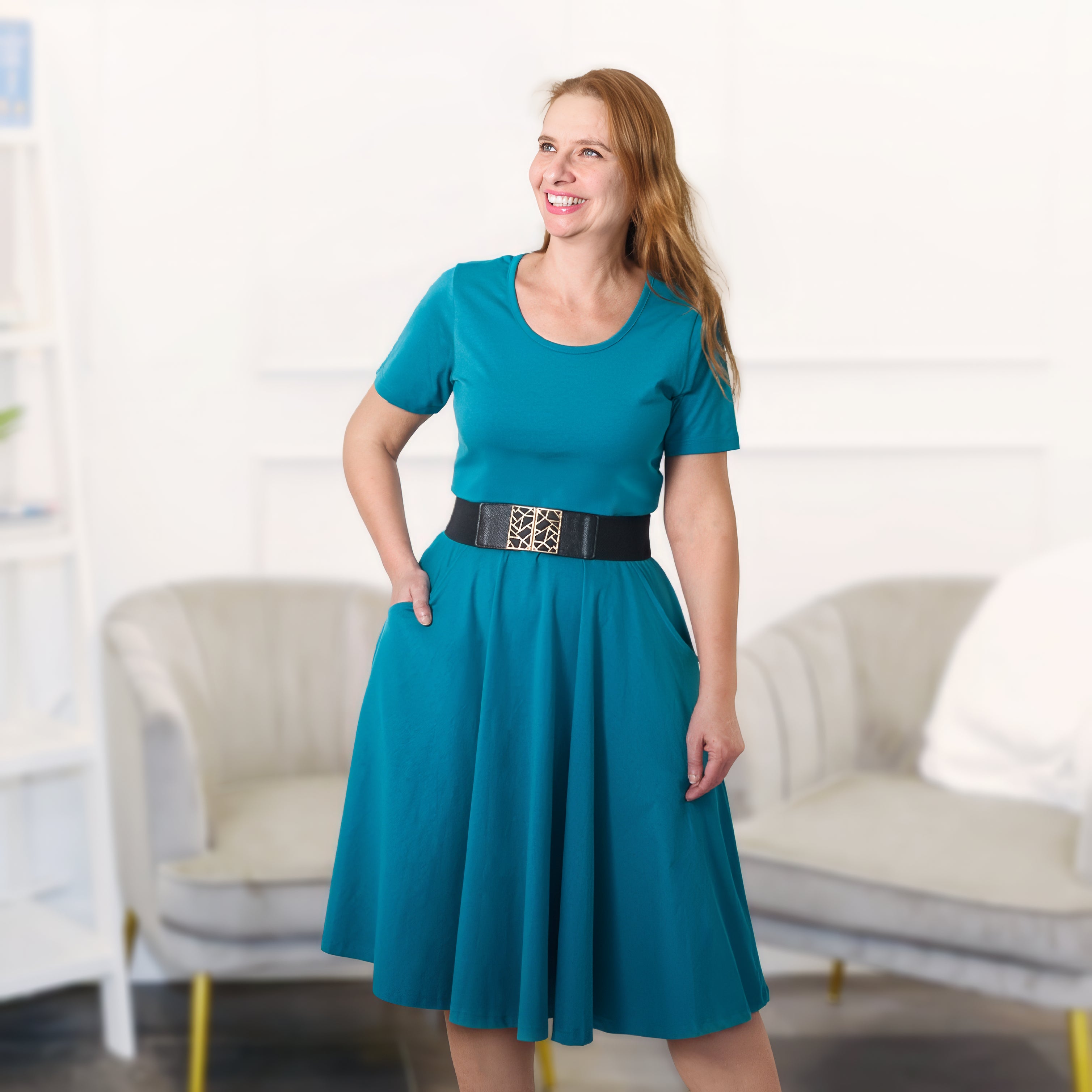 Teal Twirl Dress with Pockets