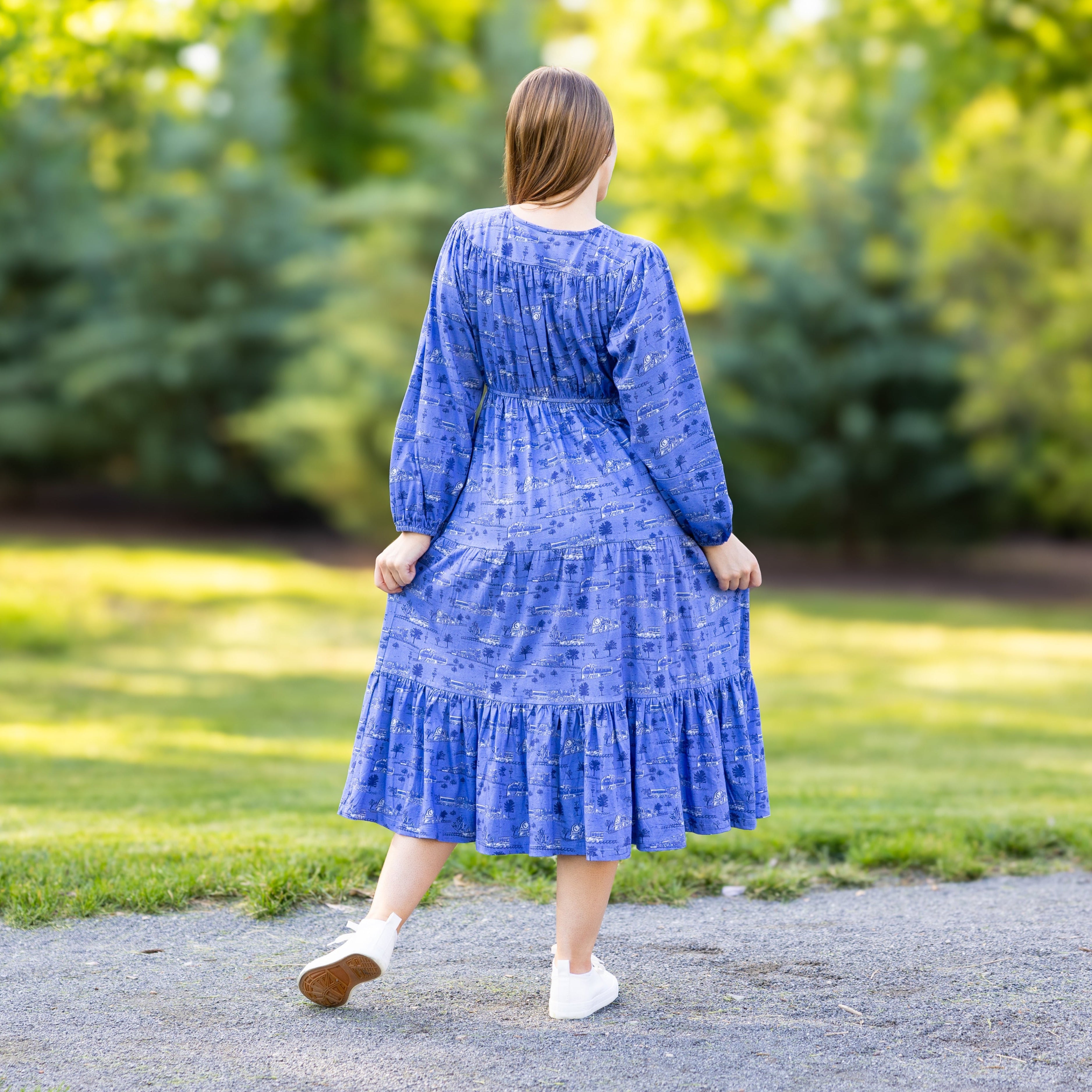 Trains Long Sleeve Midi Dress (With Waist Seam)