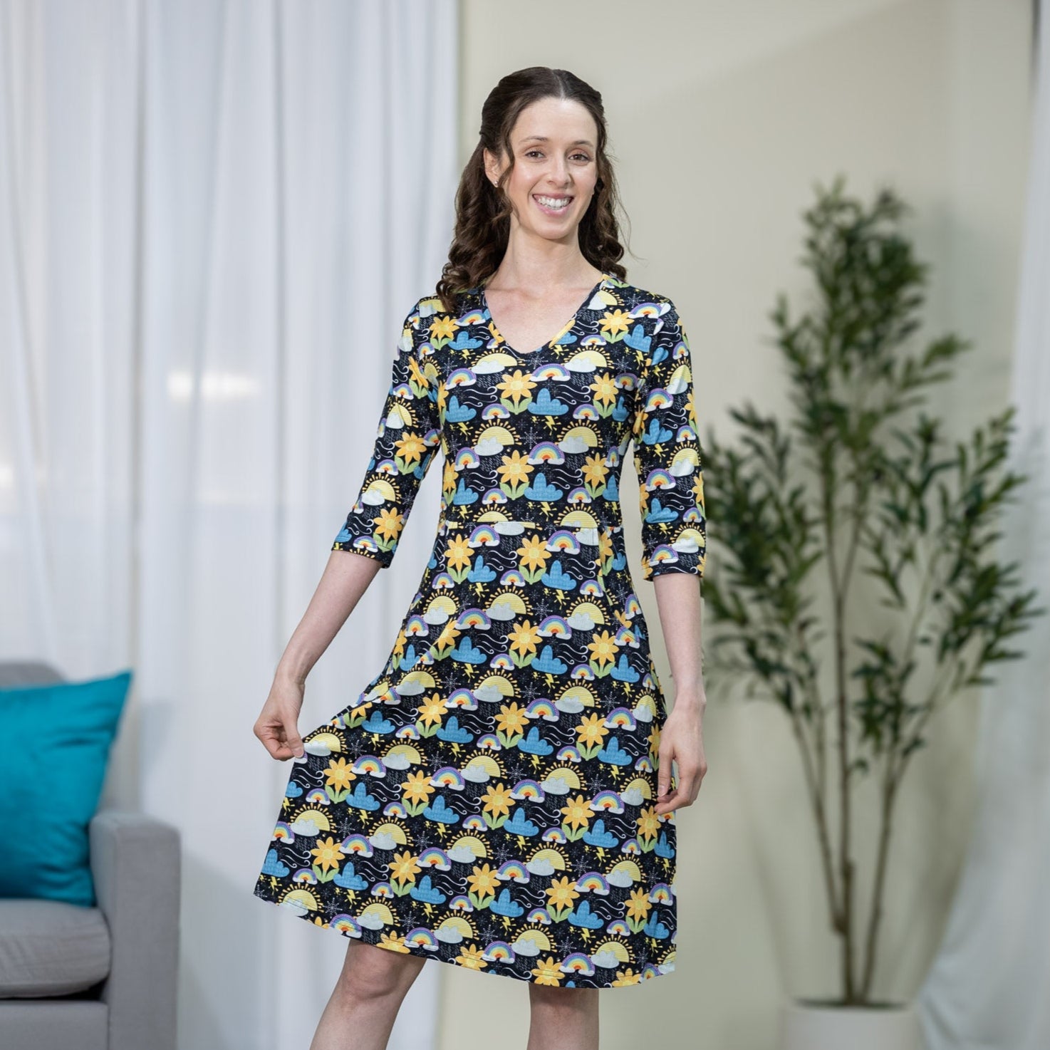 Weather 3/4th Sleeves A-Line Dress (With Waist Seam)