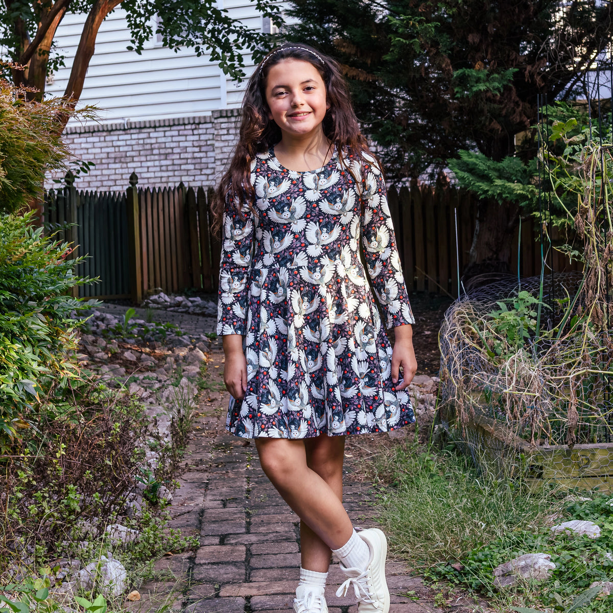 Winter Owl Kids Twirl Dress with Pockets