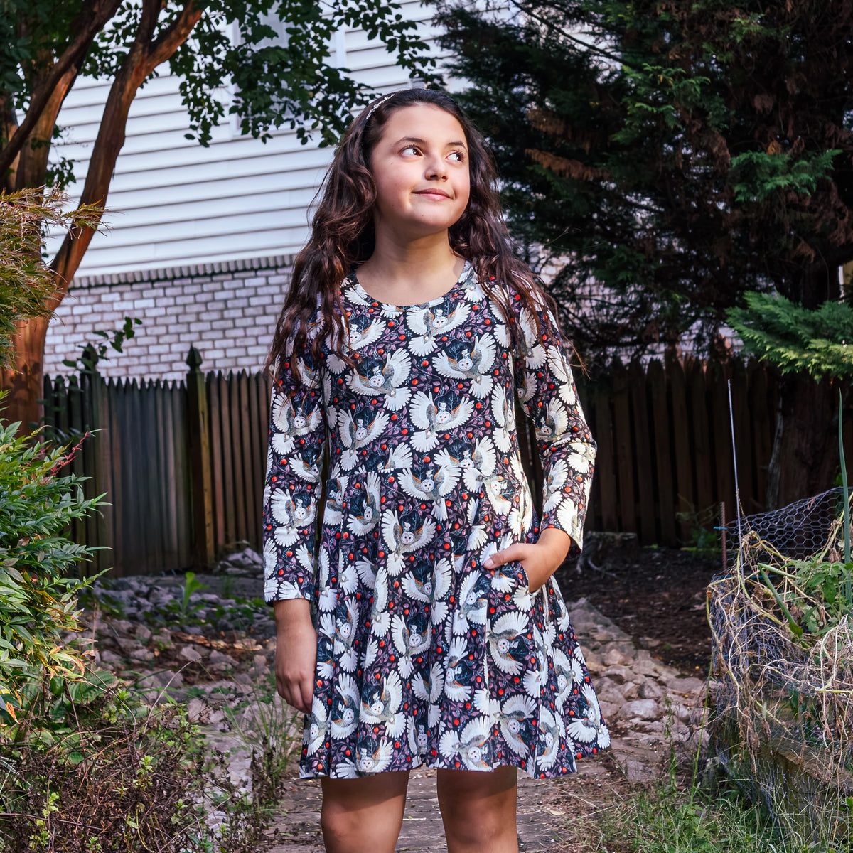 Winter Owl Kids Twirl Dress with Pockets