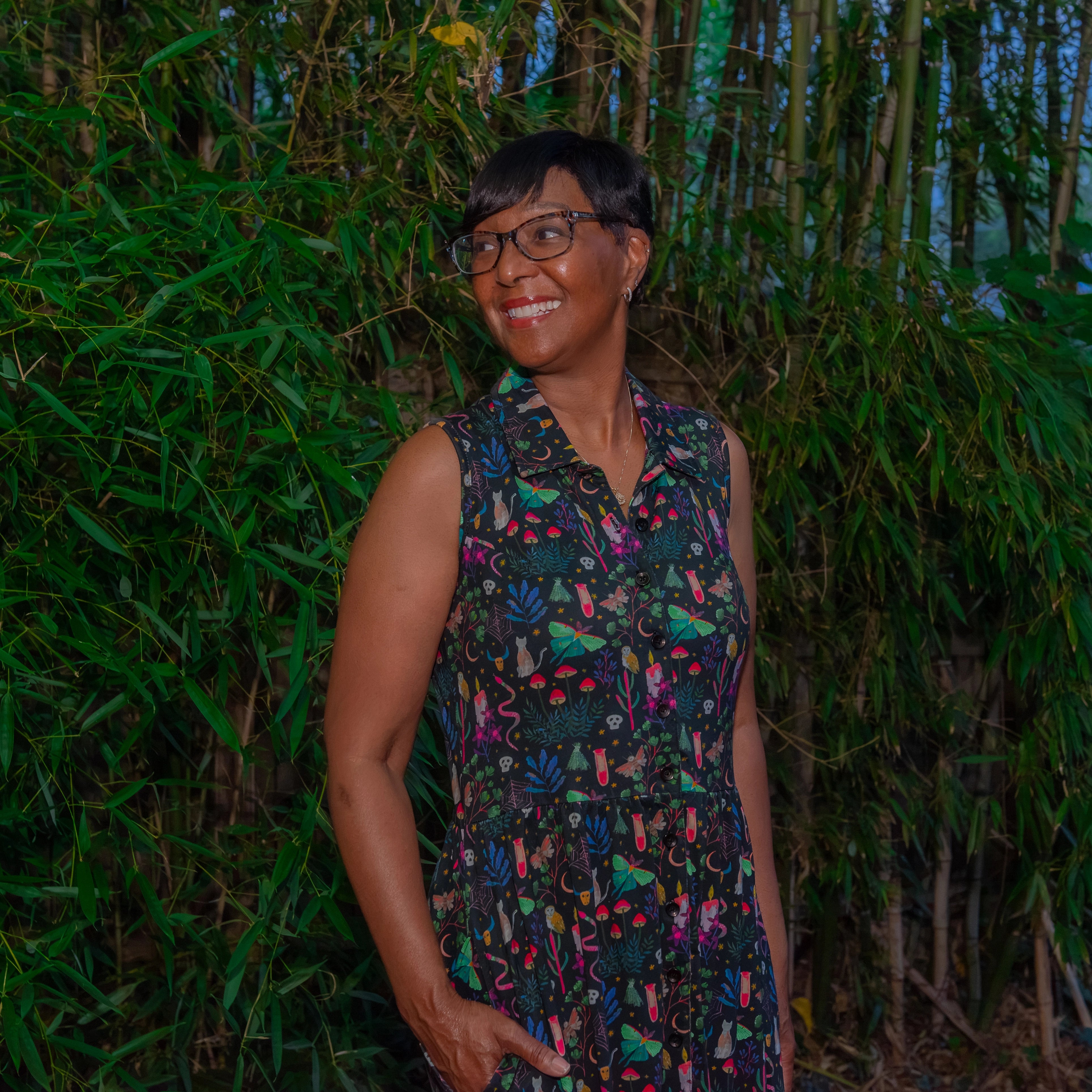 Witchy Forest Button-Up Midi Dress with Pockets