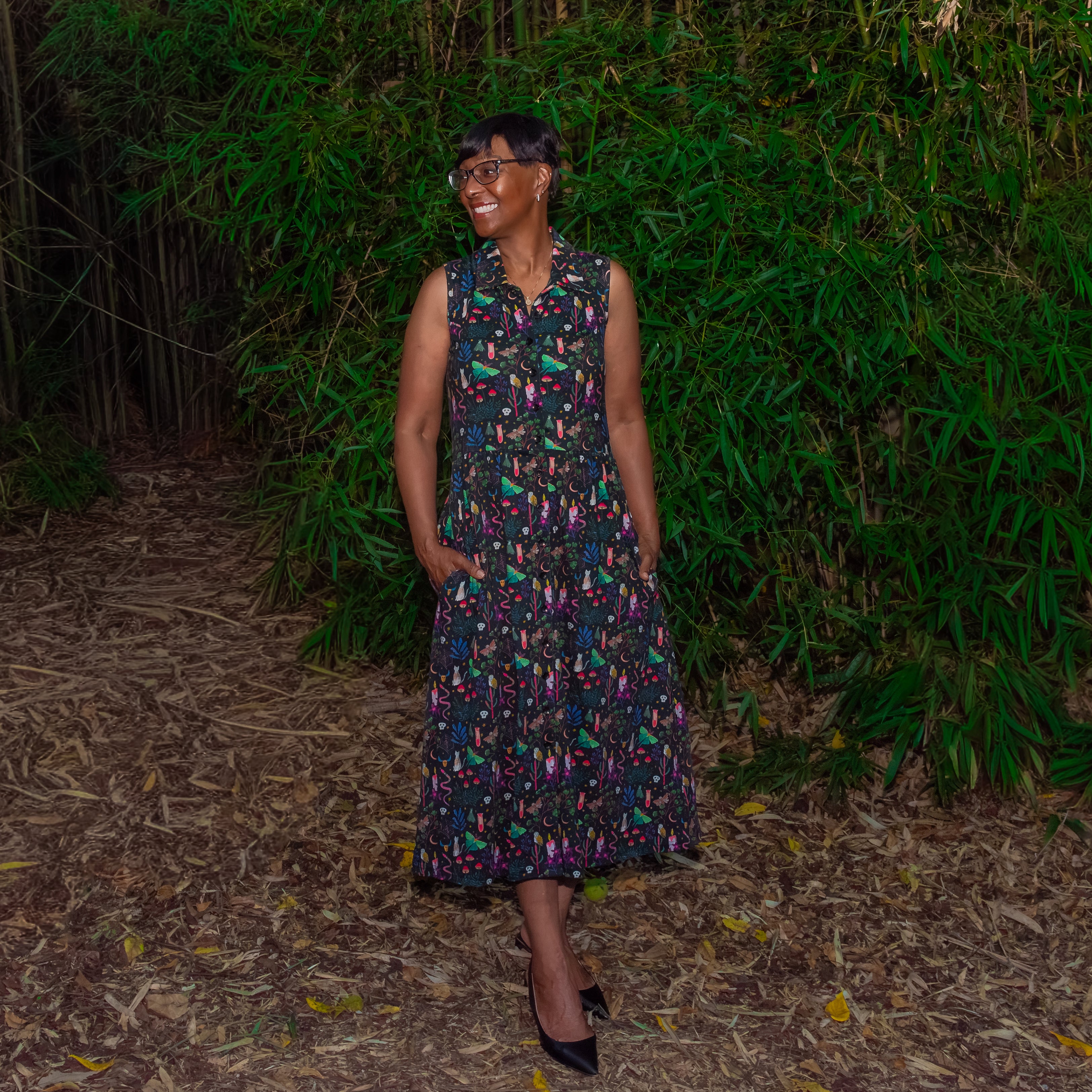 Witchy Forest Button-Up Midi Dress with Pockets
