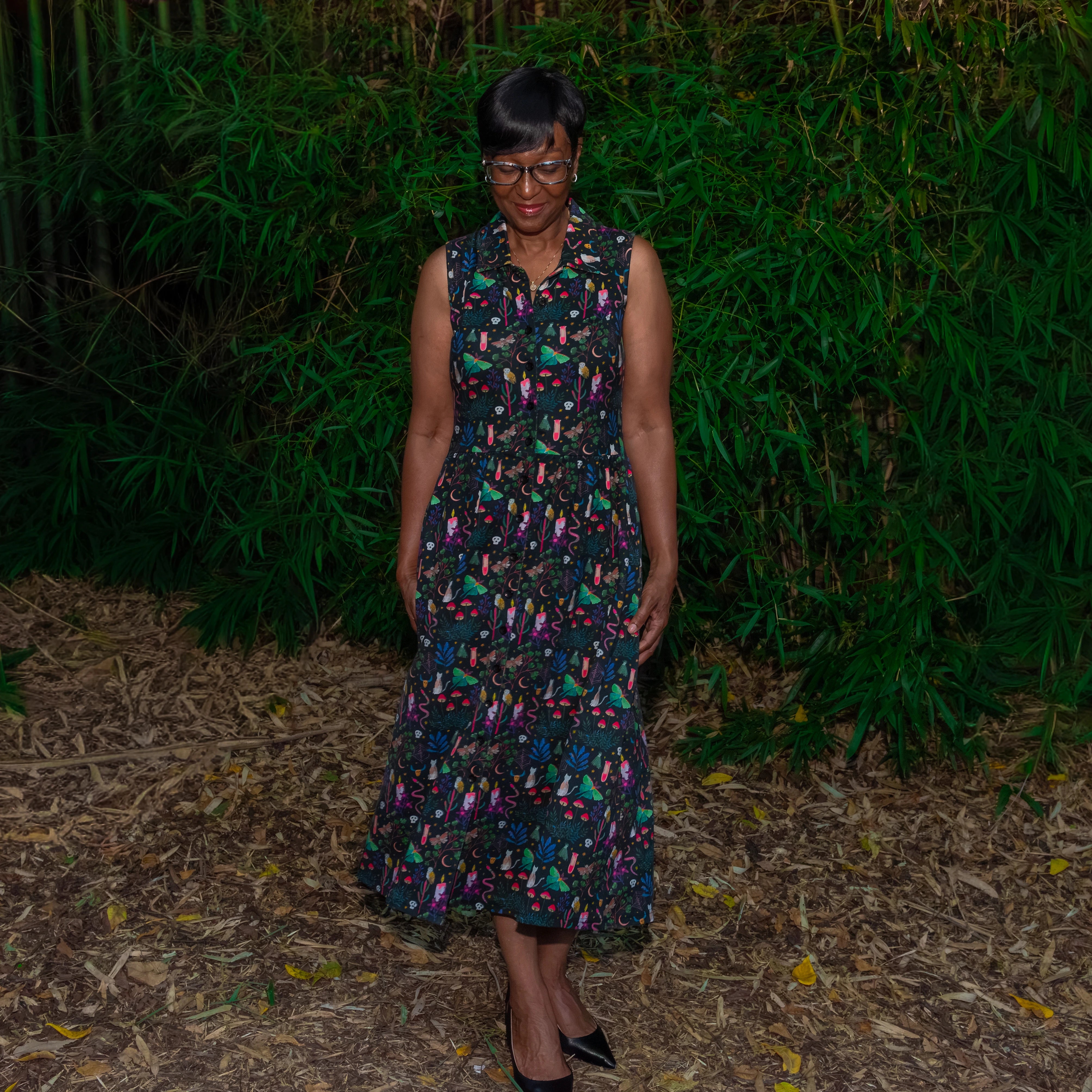 Witchy Forest Button-Up Midi Dress with Pockets