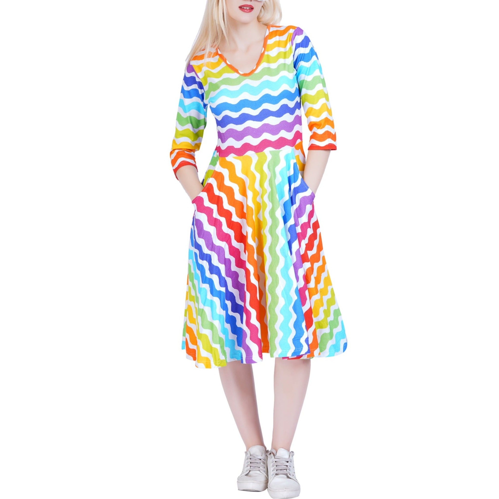 (Pre-order) Zig Zag Rainbow 3/4th Sleeves A-Line Dress