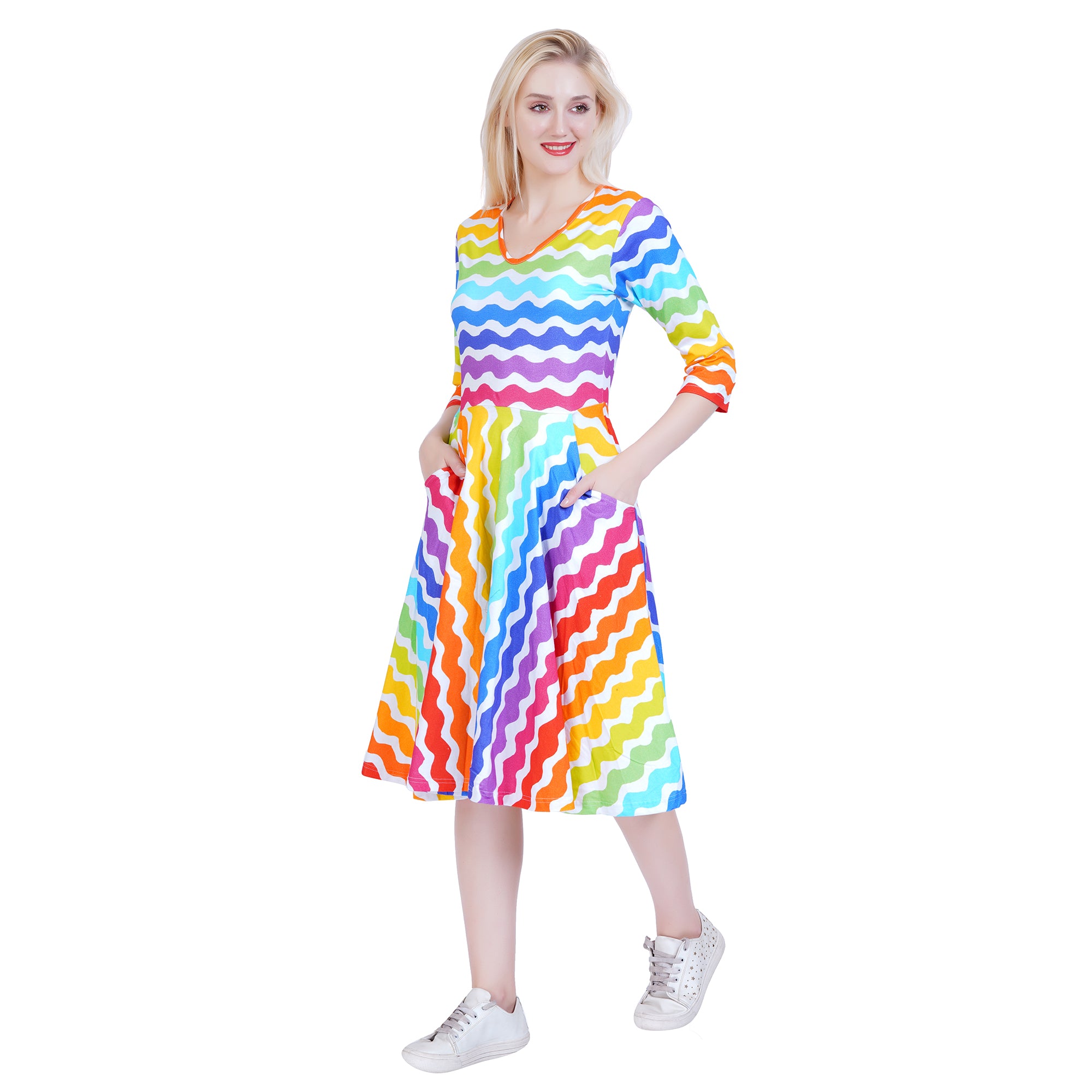 (Pre-order) Zig Zag Rainbow 3/4th Sleeves Fit & Flare Dress