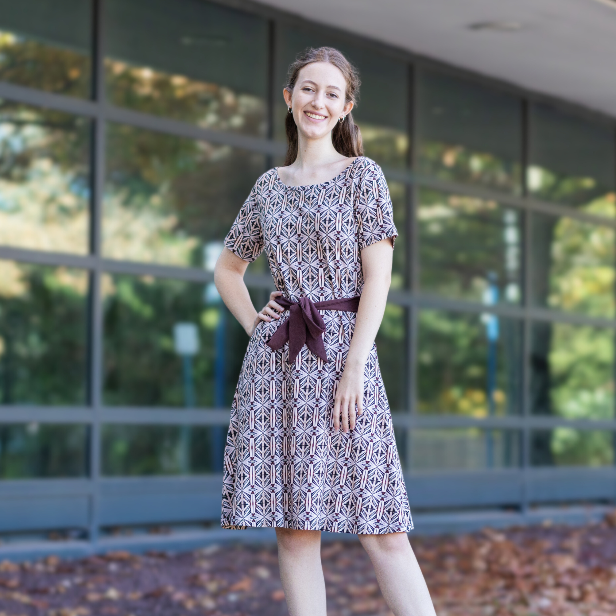 Literary Illusion Belted A-Line Dress (No Waist Seam)