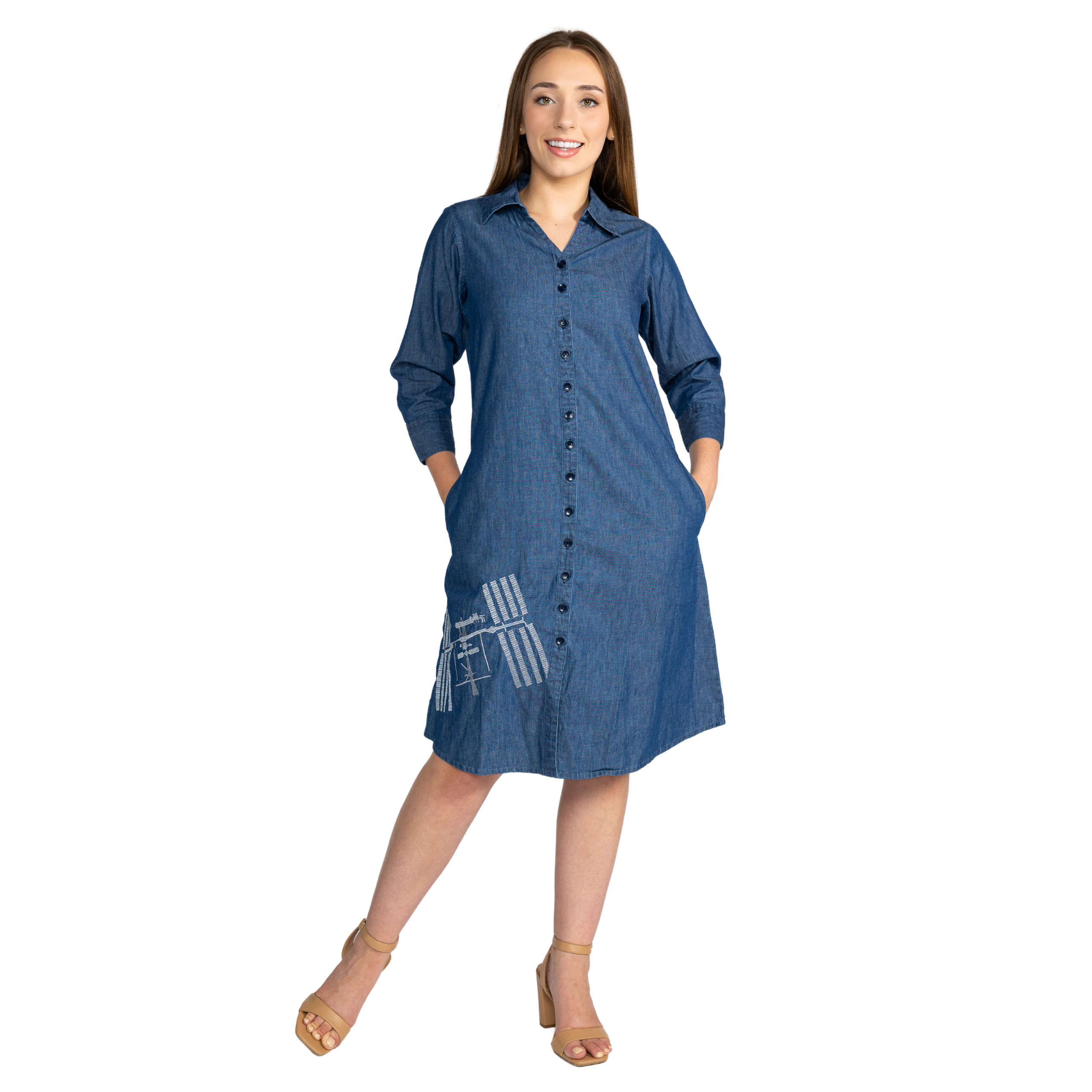 ISS Embroidery 3/4th Sleeves Button-Up Denim Dress