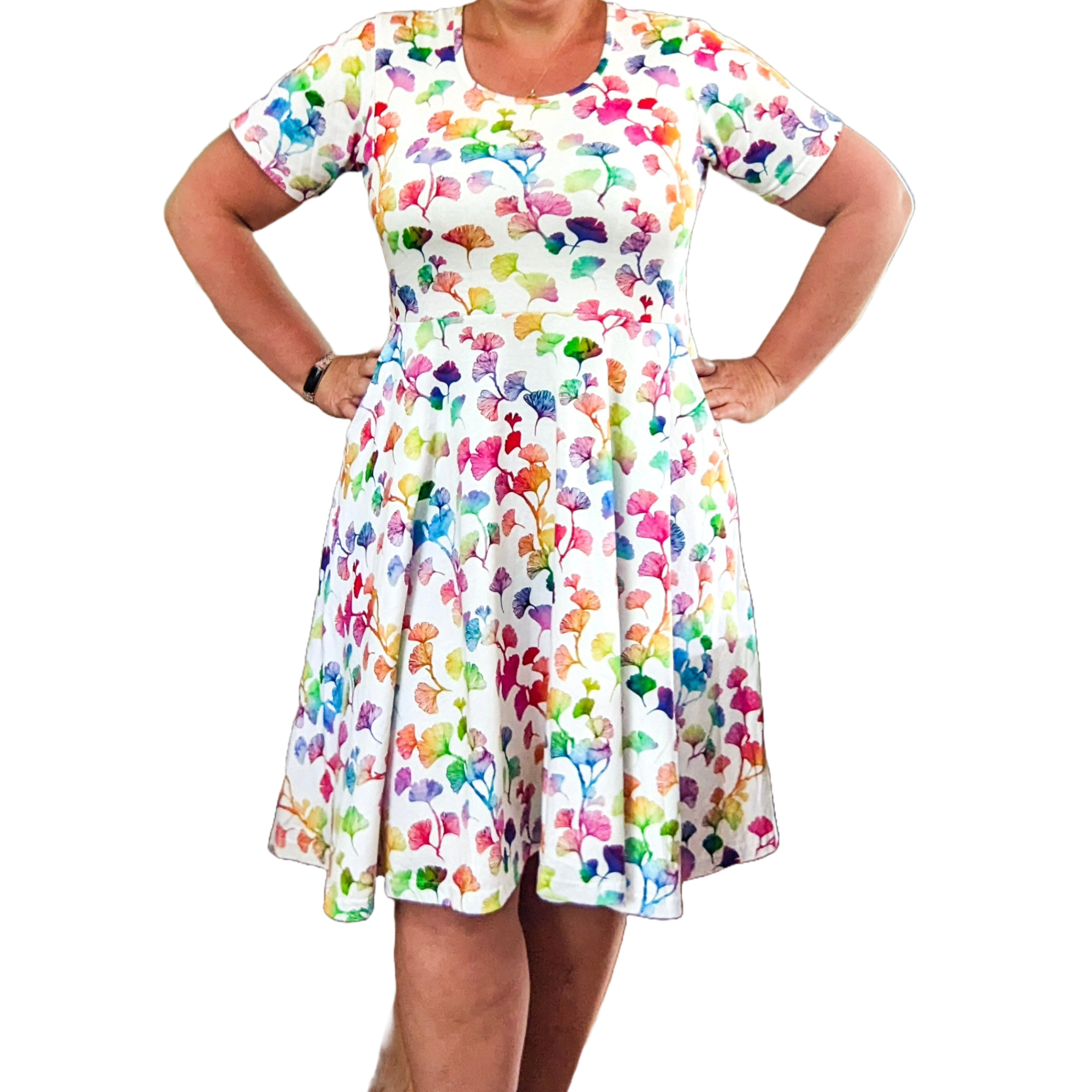 Rainbow Ginkgo Leaves Twirl Dress