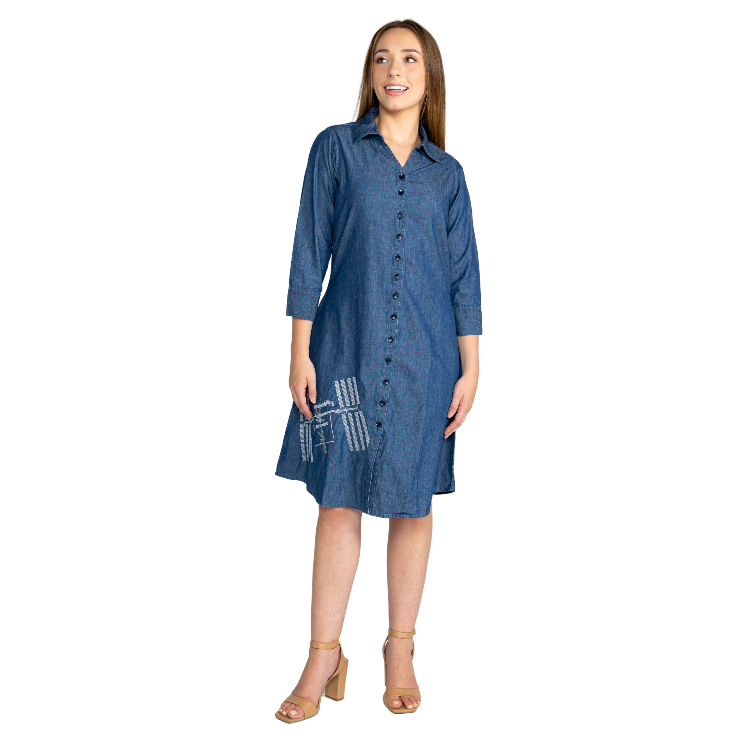 ISS Embroidery 3/4th Sleeves Button-Up Denim Dress