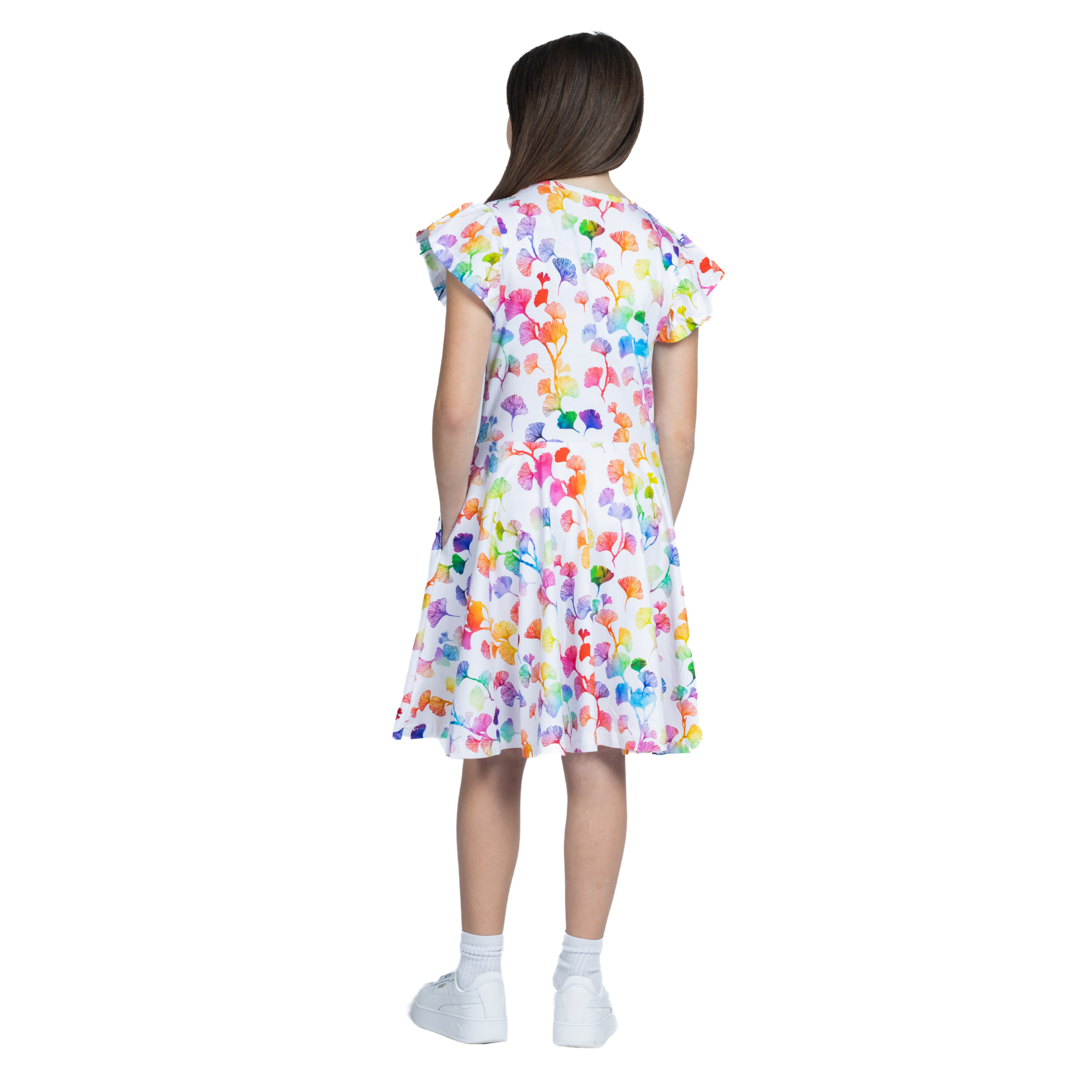 Rainbow Ginkgo Leaves Kids Twirl Dress